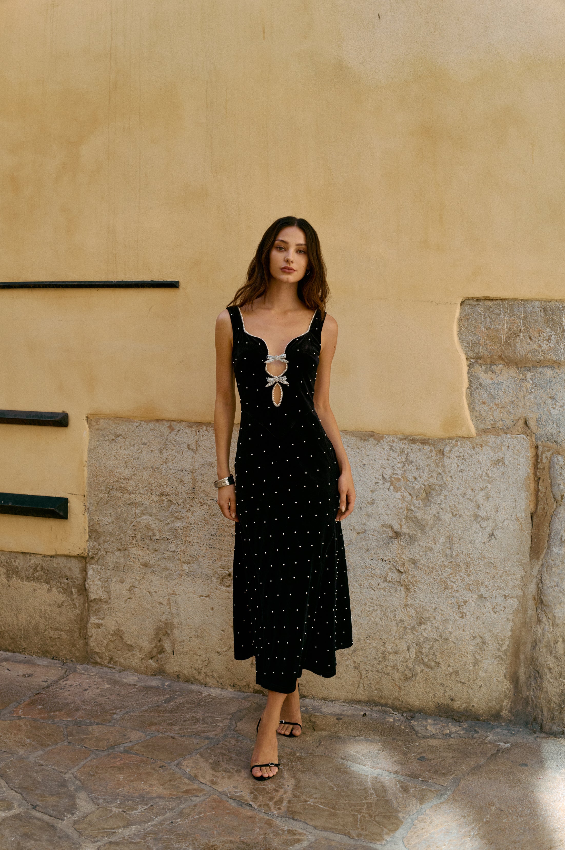 Pearl-dot cutout velvet dress