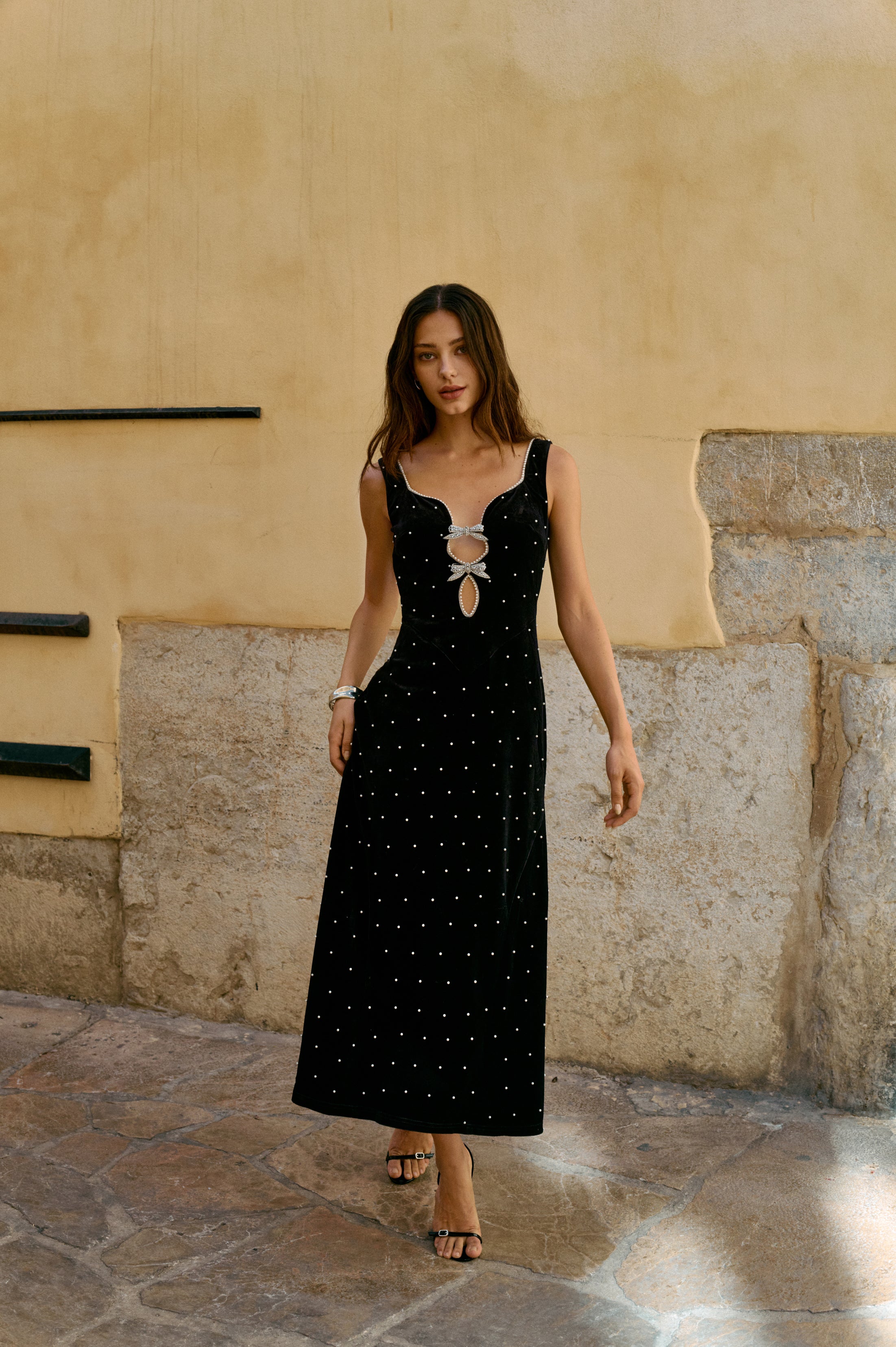 Pearl-dot cutout velvet dress