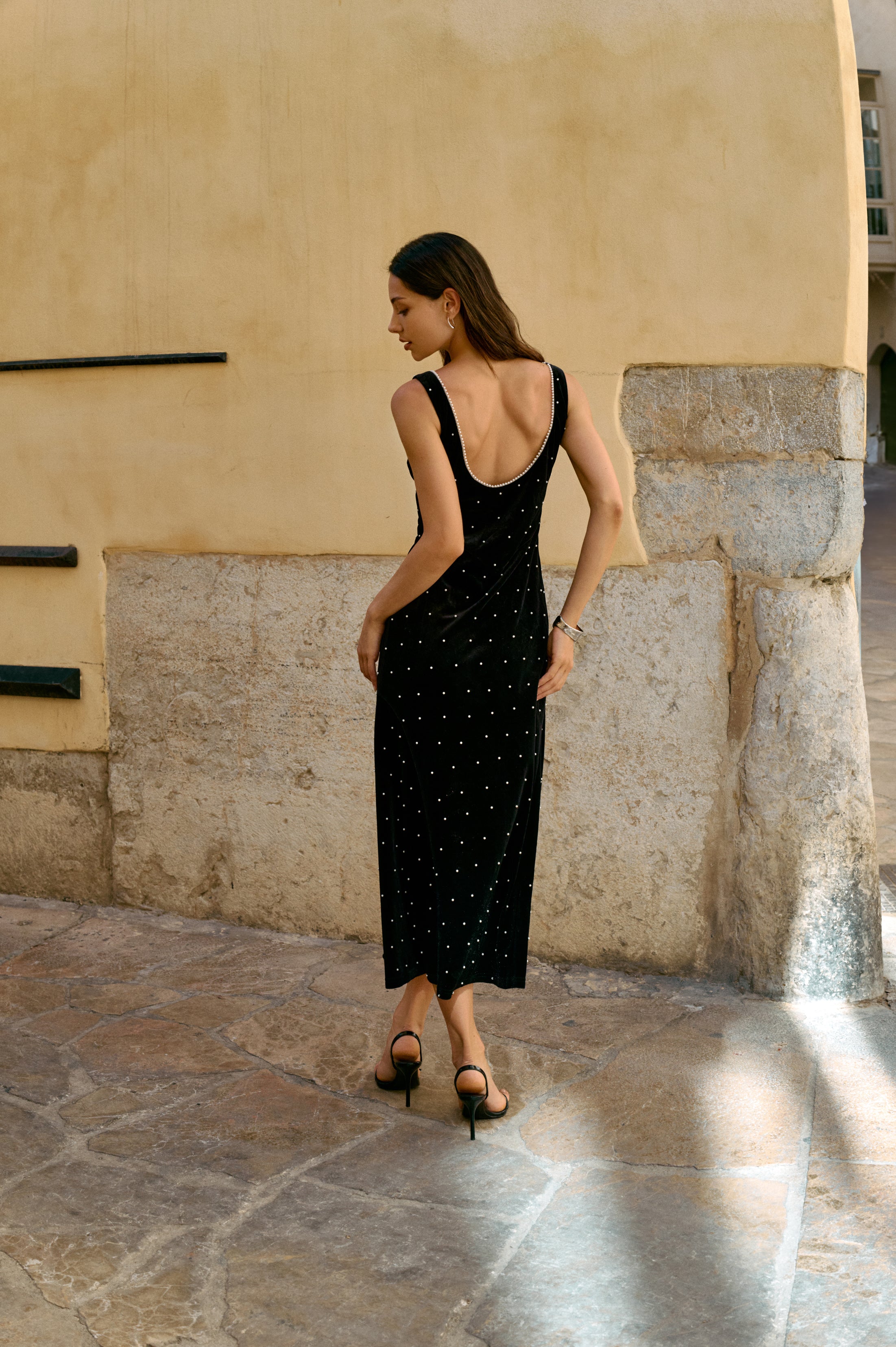 Pearl-dot cutout velvet dress