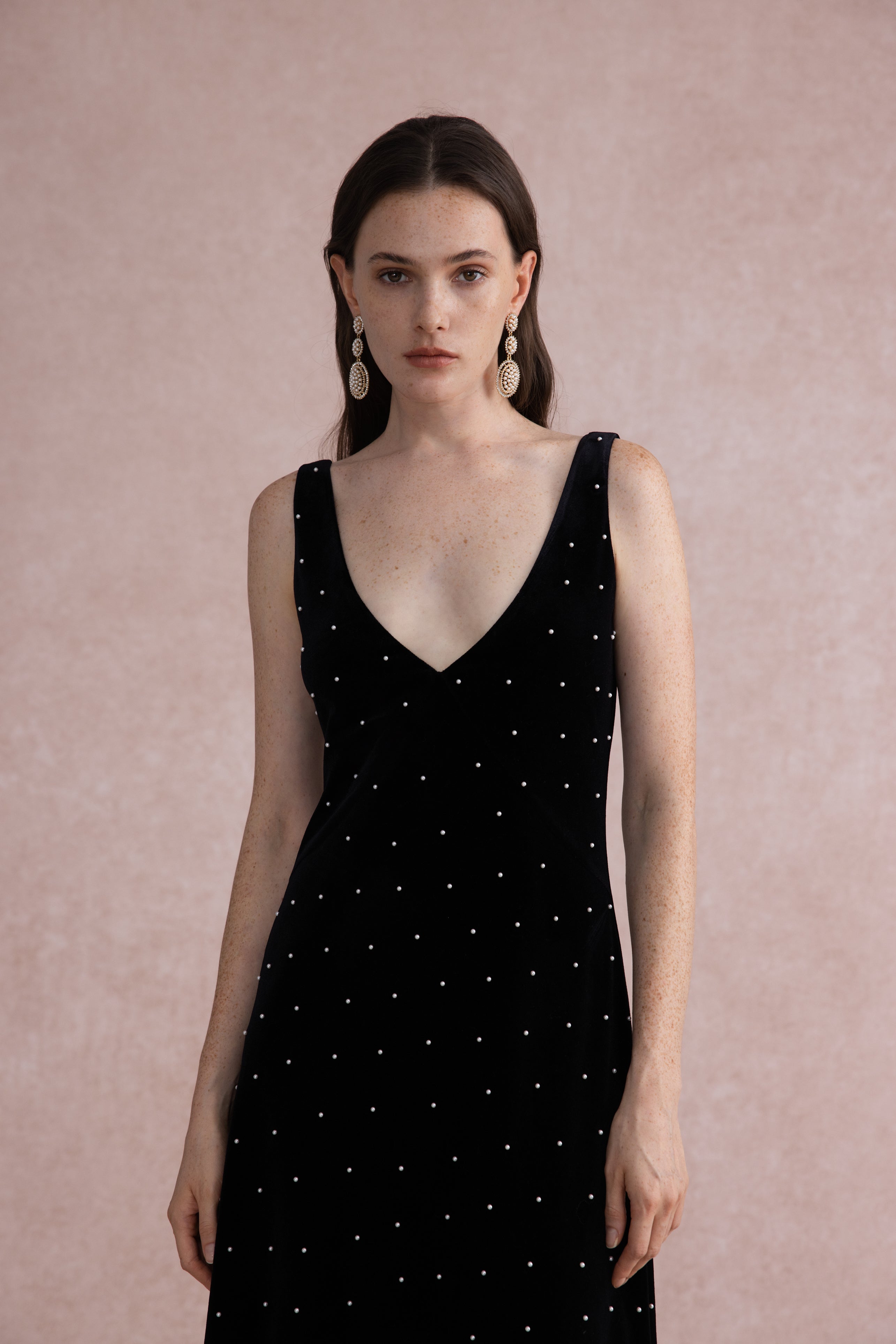 Pearl-dot velvet midi dress
