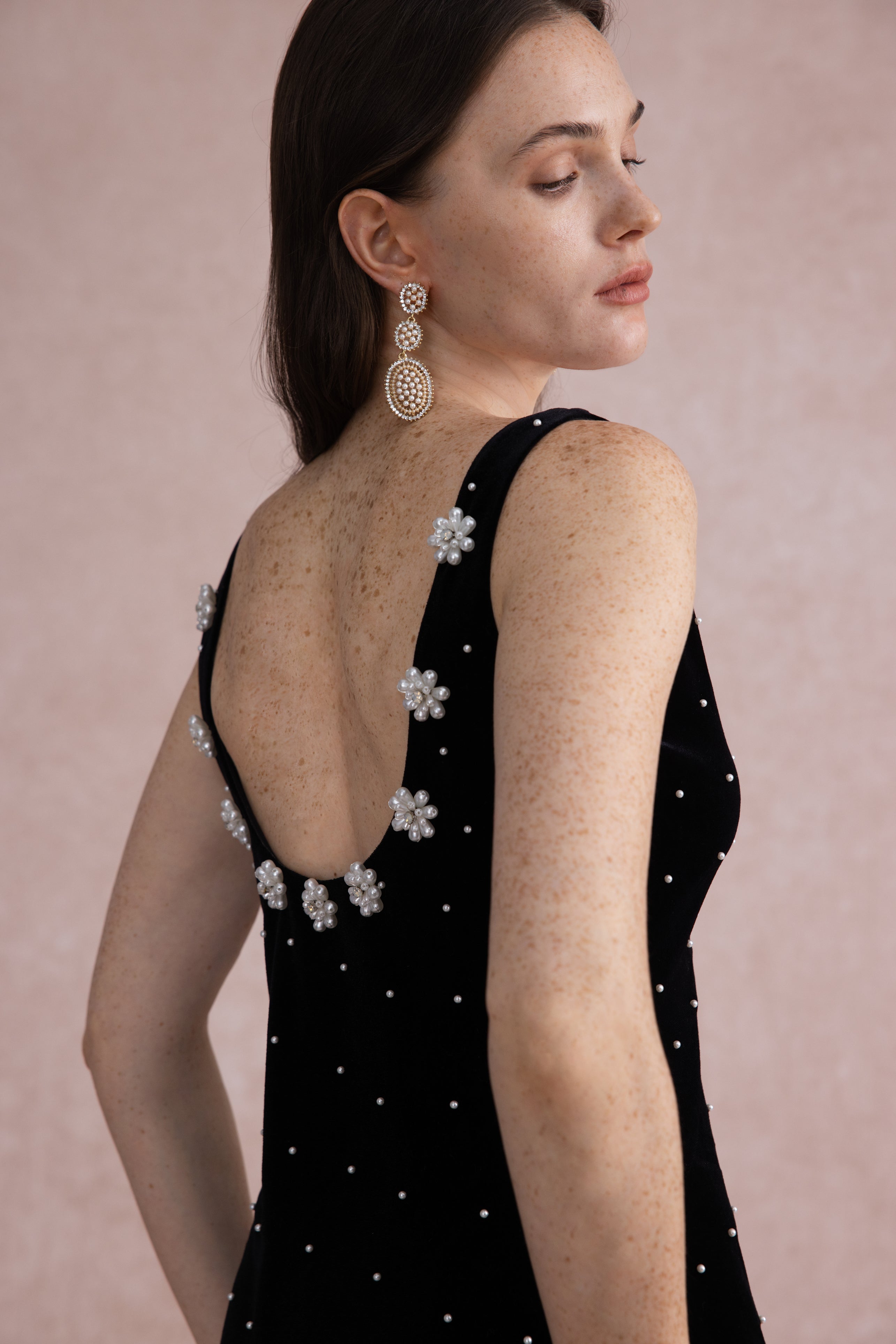 Pearl-dot velvet midi dress