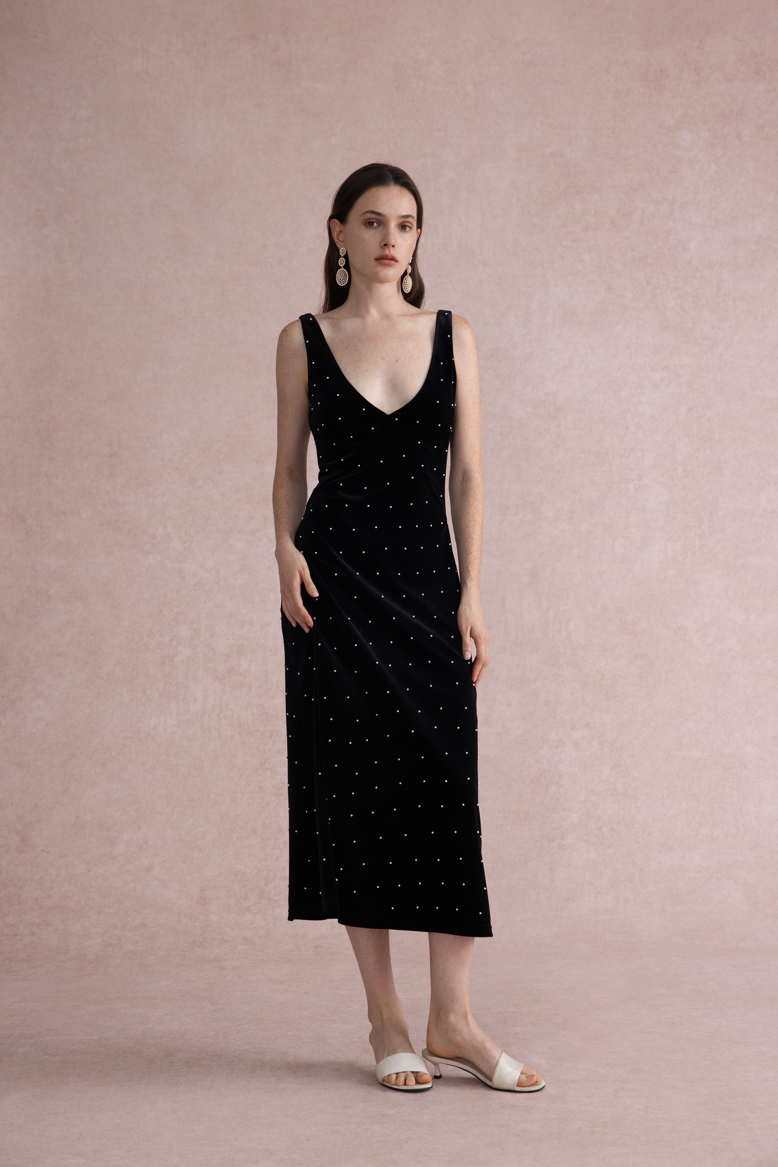 Pearl-dot velvet midi dress