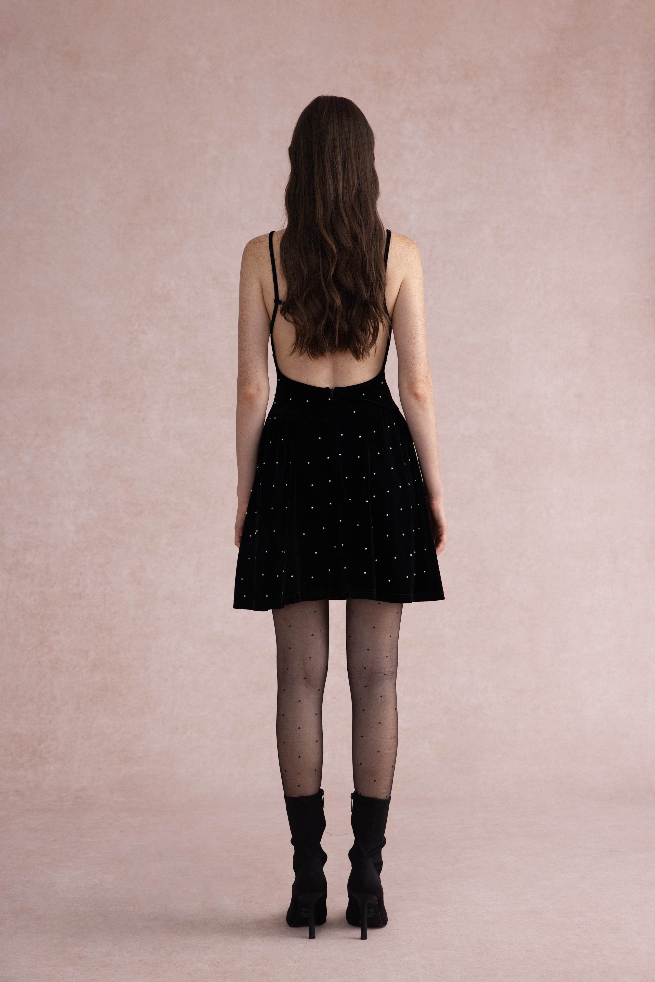 Pearl-dot velvet open back dress