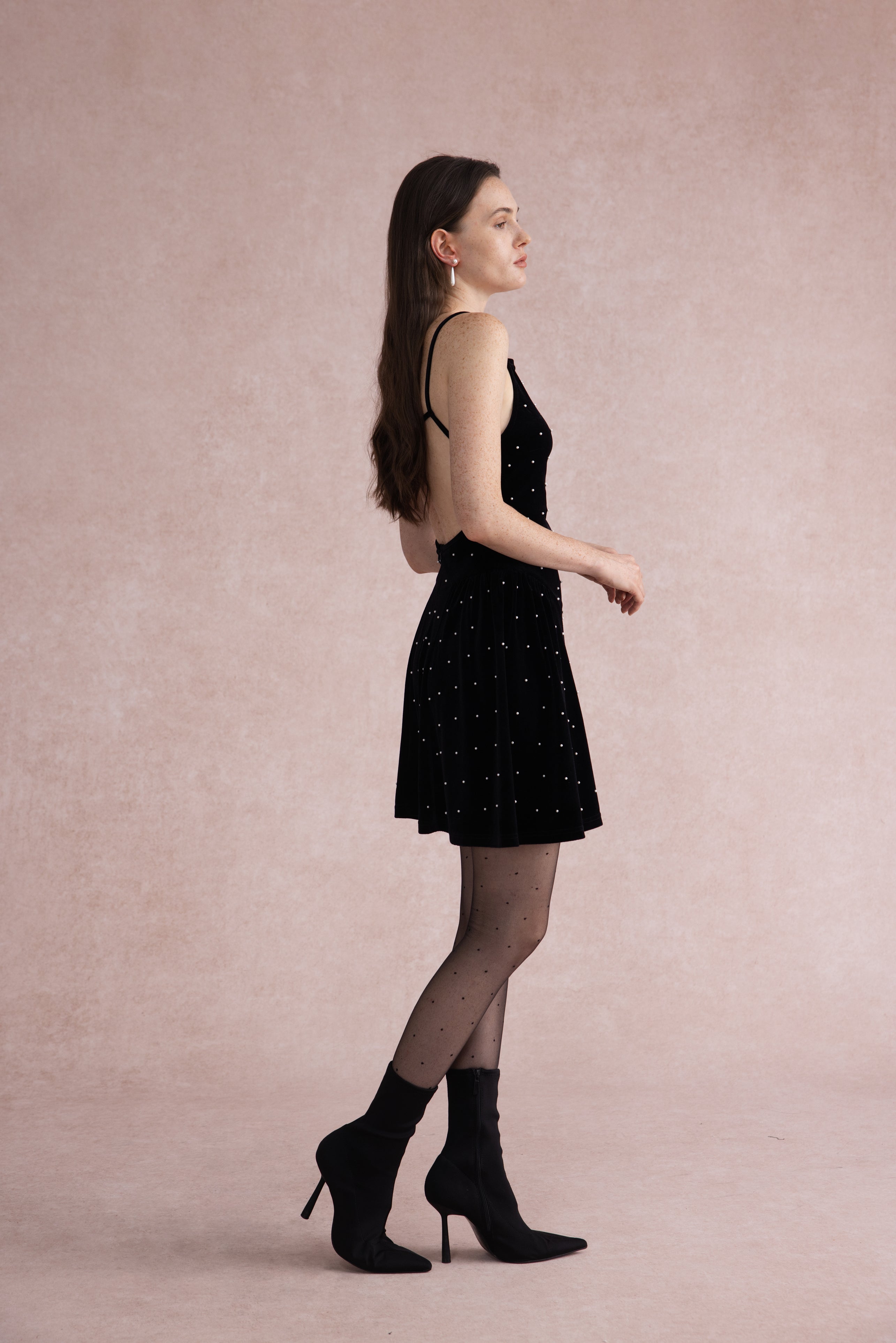 Pearl-dot velvet open back dress