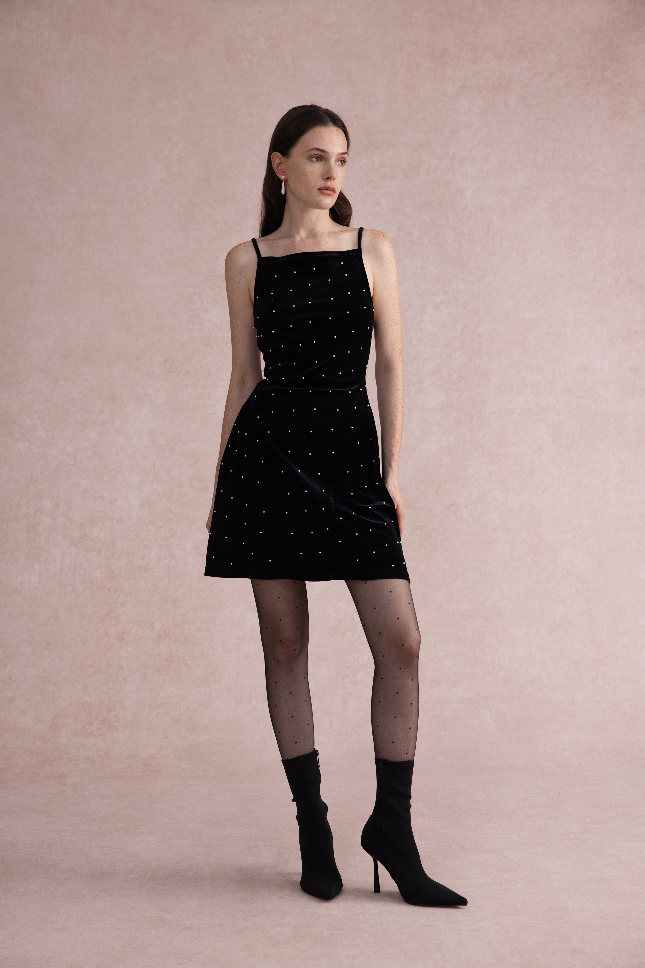 Pearl-dot velvet open back dress