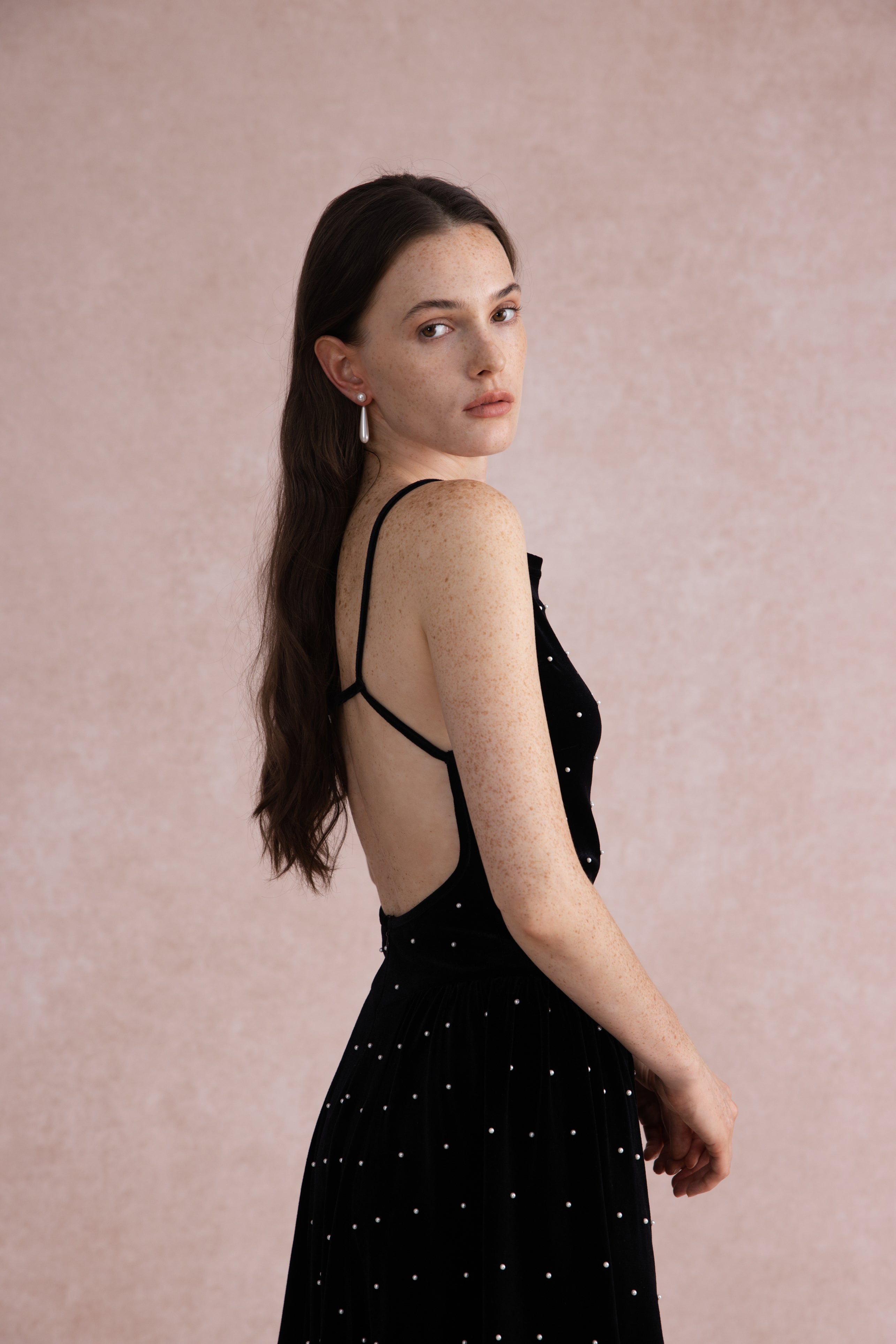 Pearl-dot velvet open back dress
