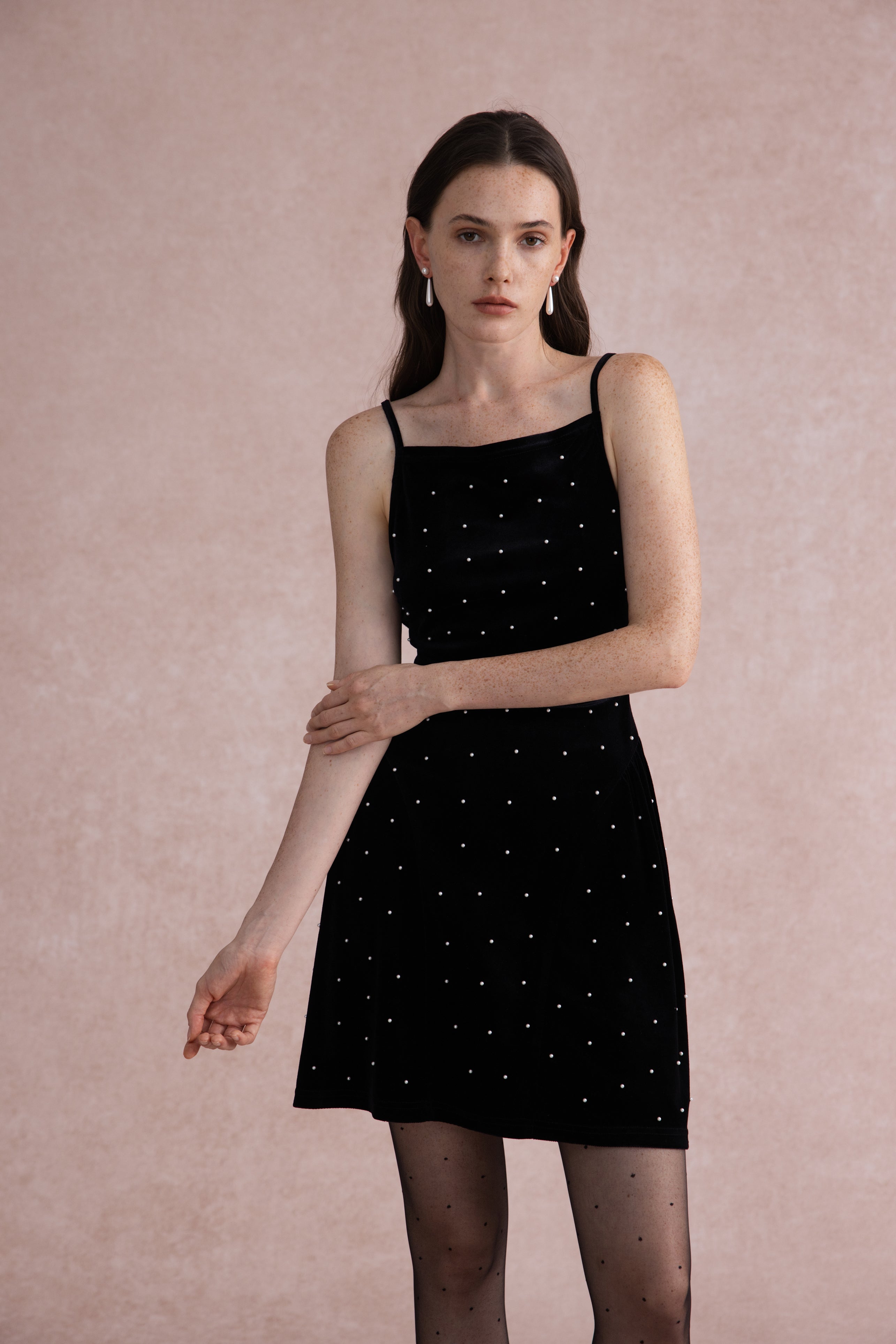 Pearl-dot velvet open back dress