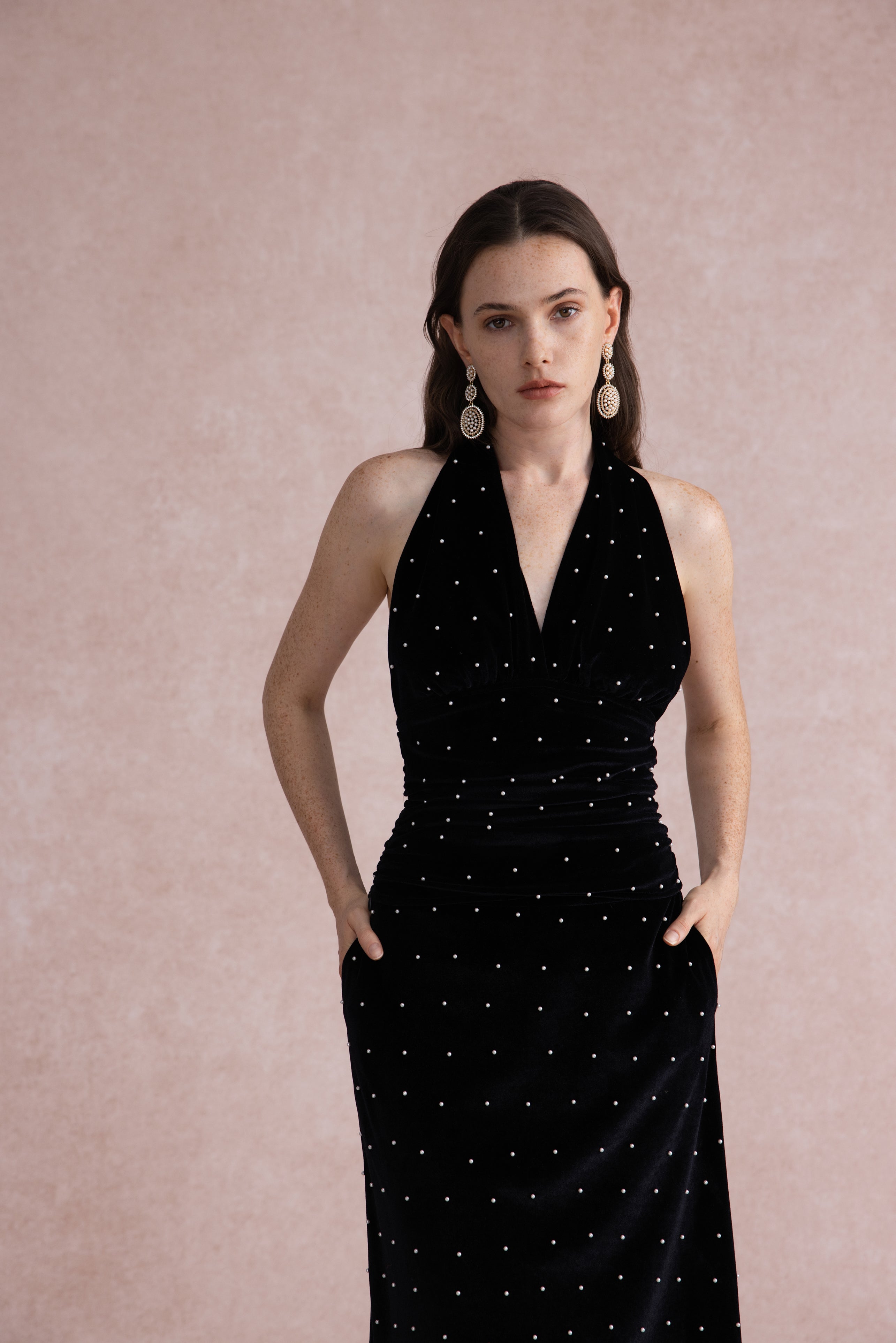 Pearl-dot velvet set