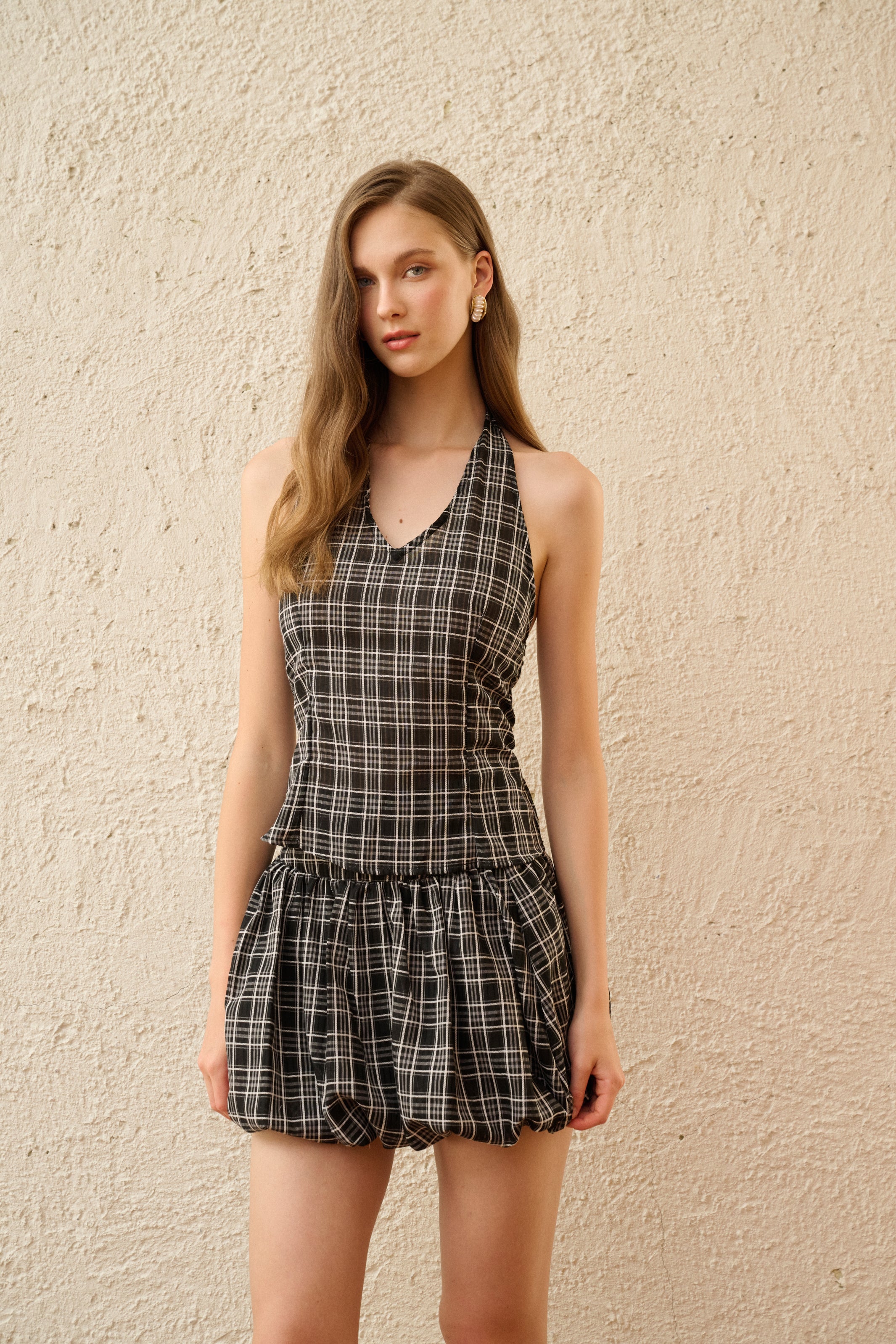 Plaid halter top & puff skort
