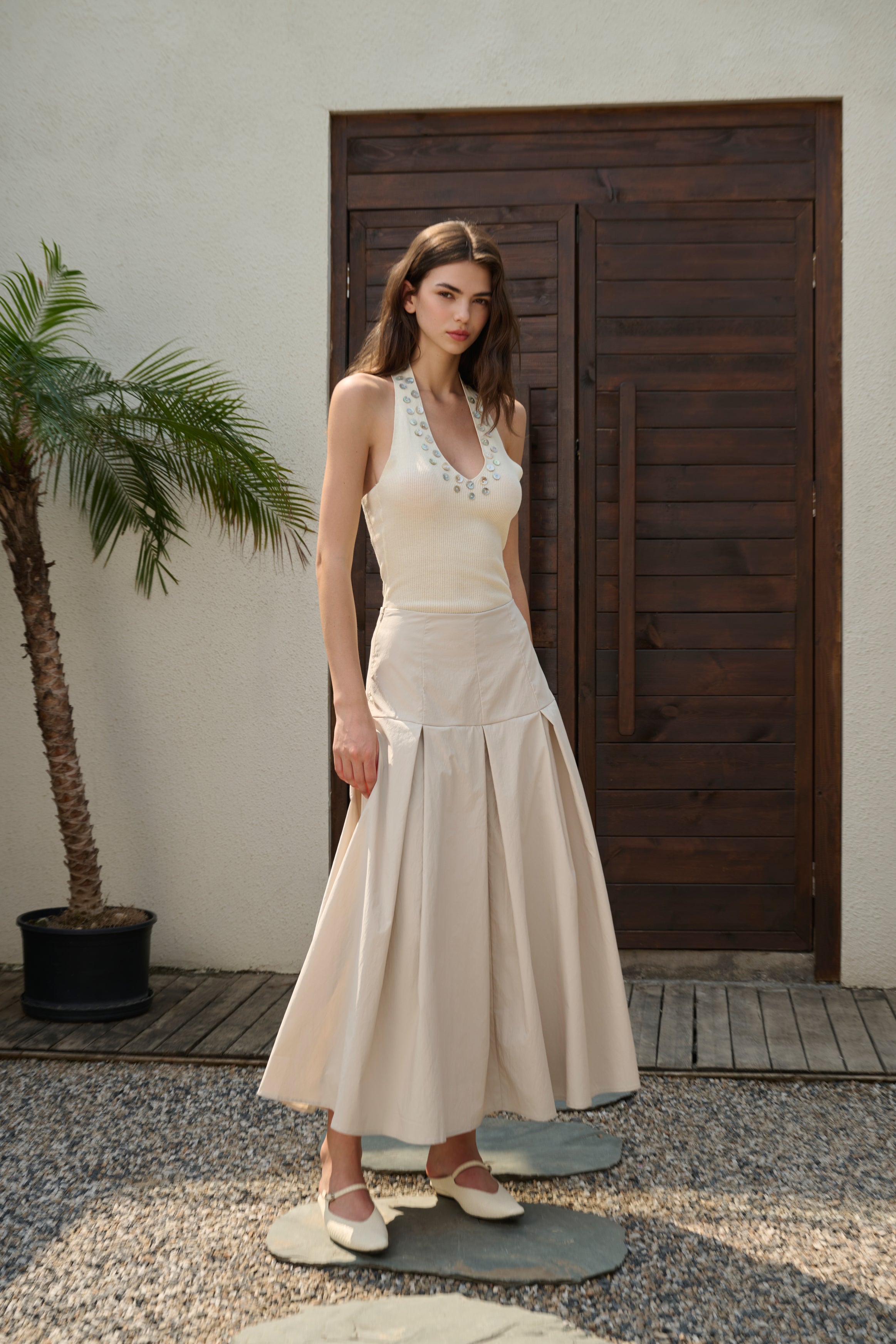 Pleated cotton maxi skirt