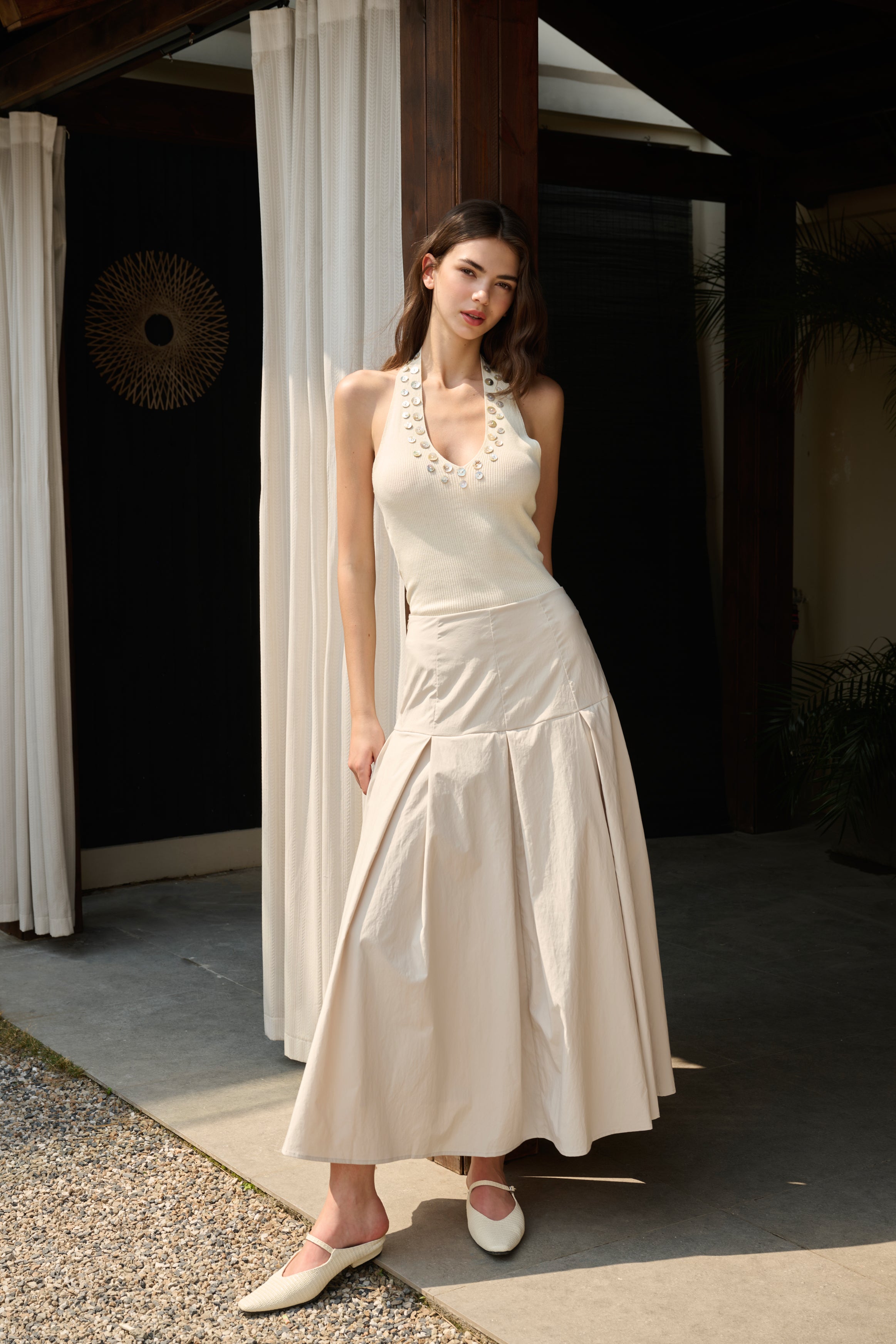 Pleated cotton maxi skirt