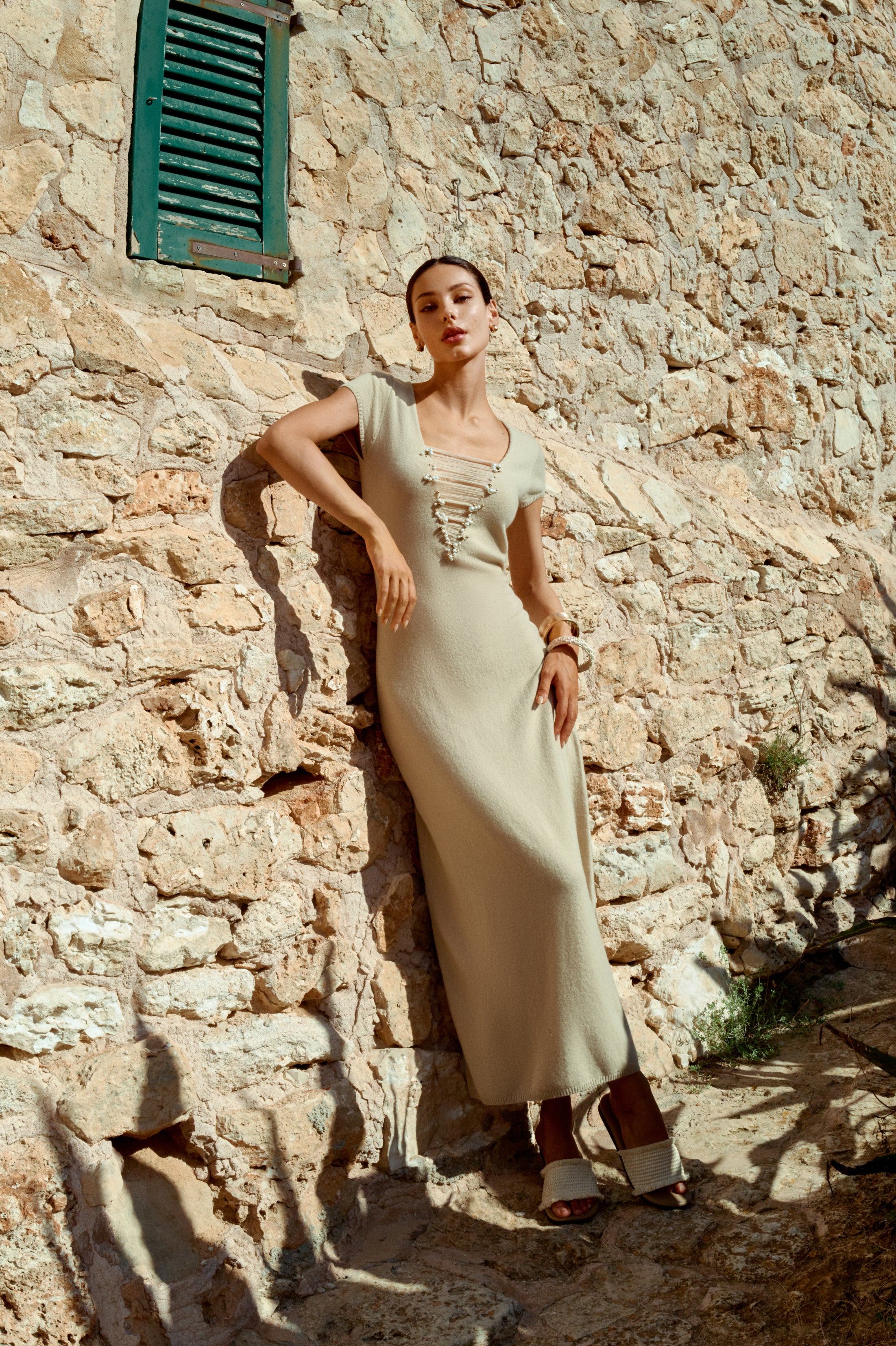 Plunging V neck wool dress