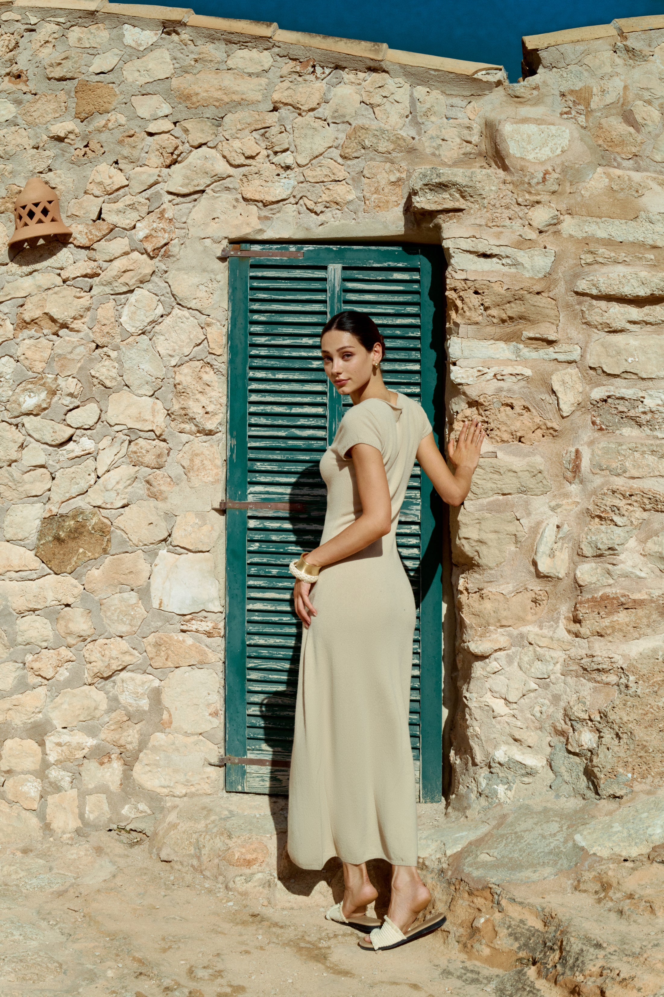 Plunging V neck wool dress