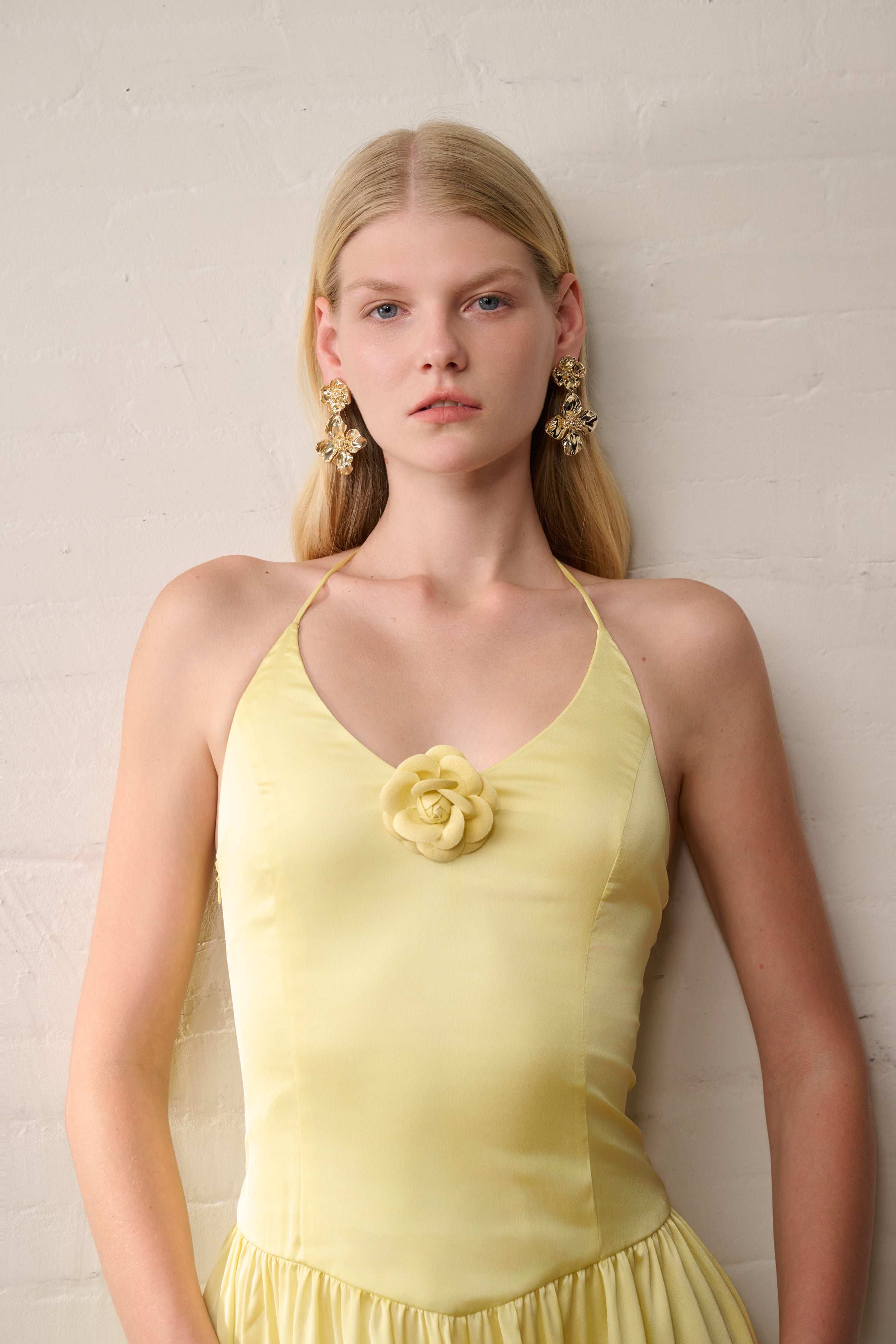 Rosette halterneck satin dress