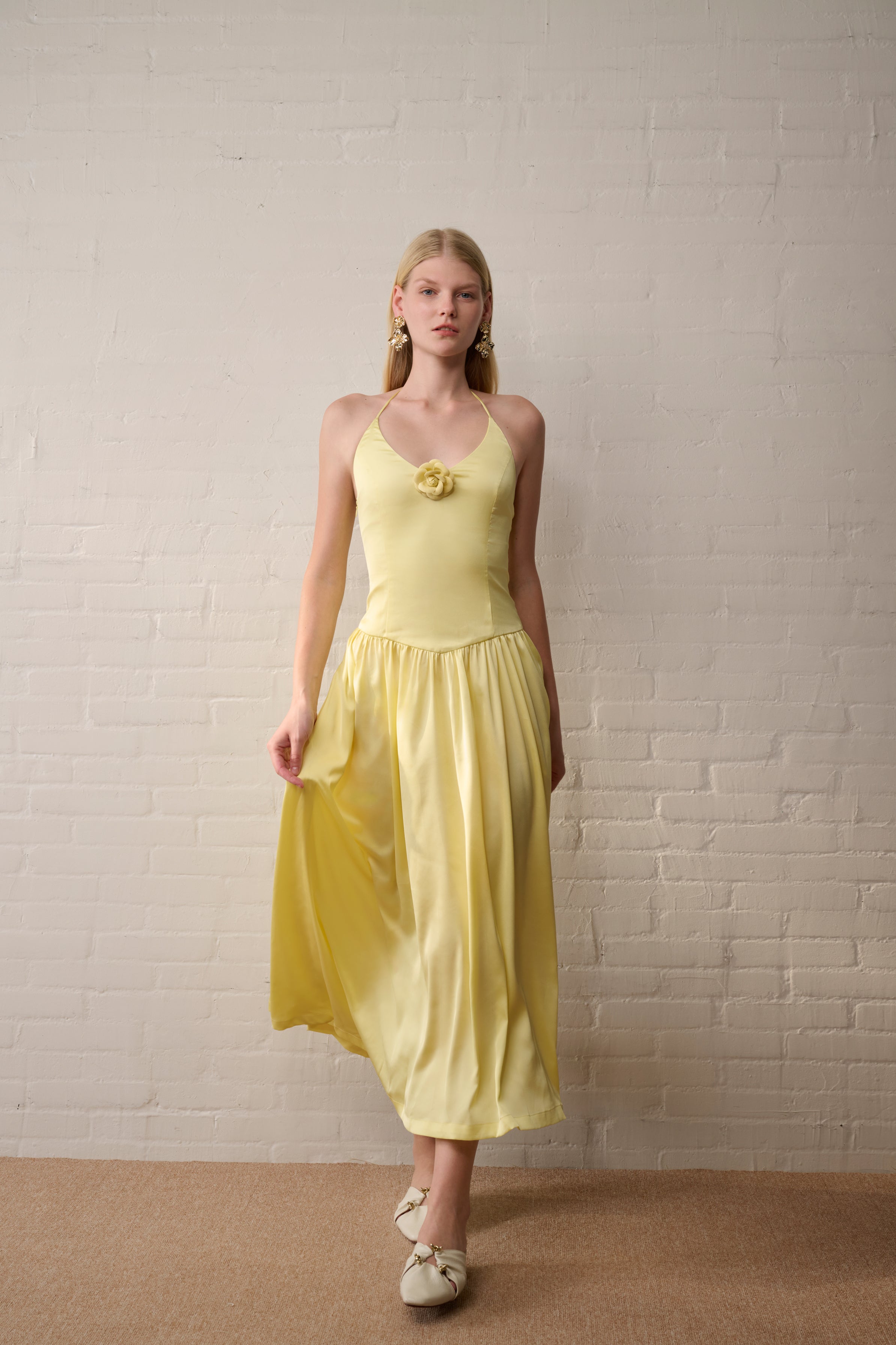 Rosette halterneck satin dress