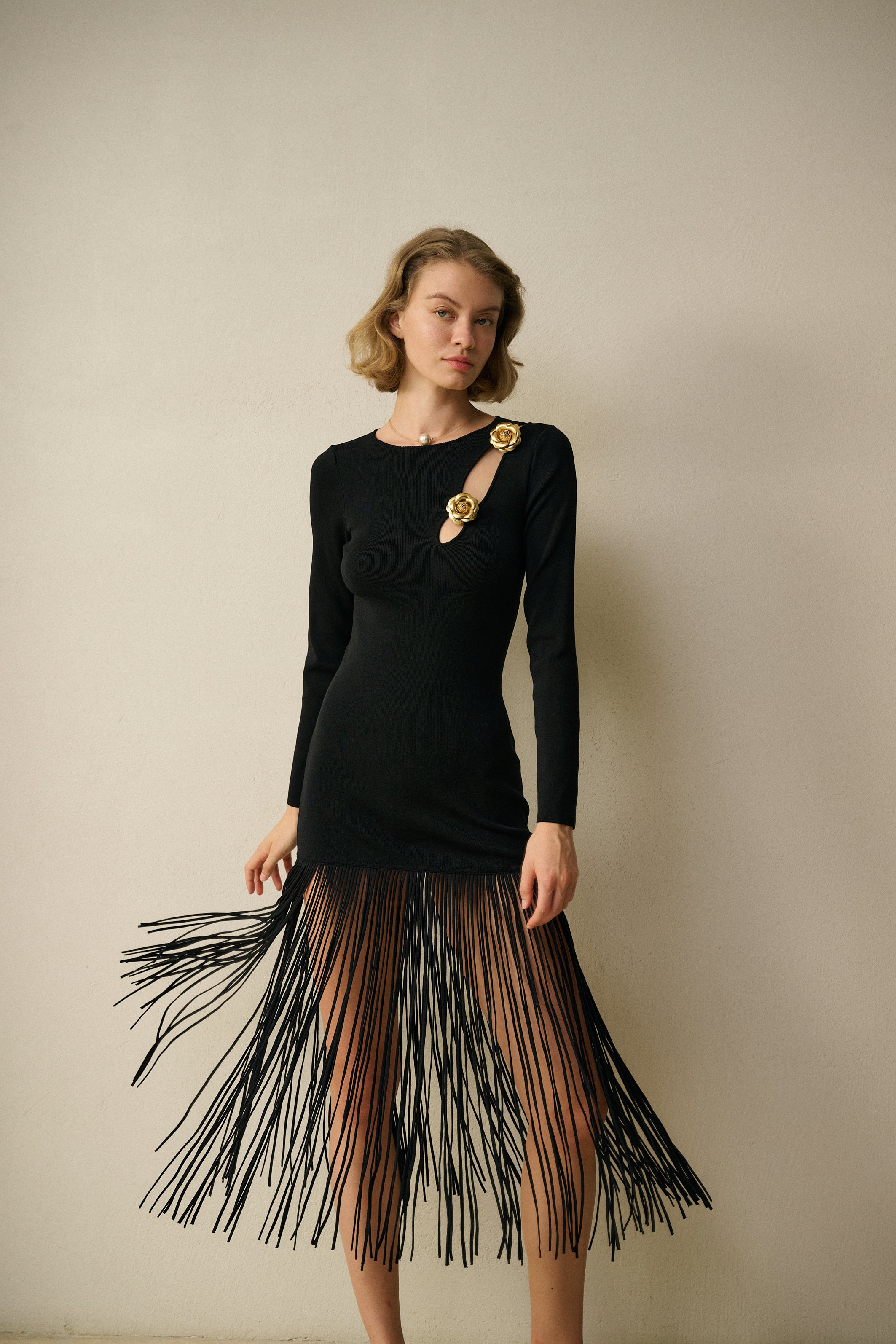 Rosette long sleeve fringed dress