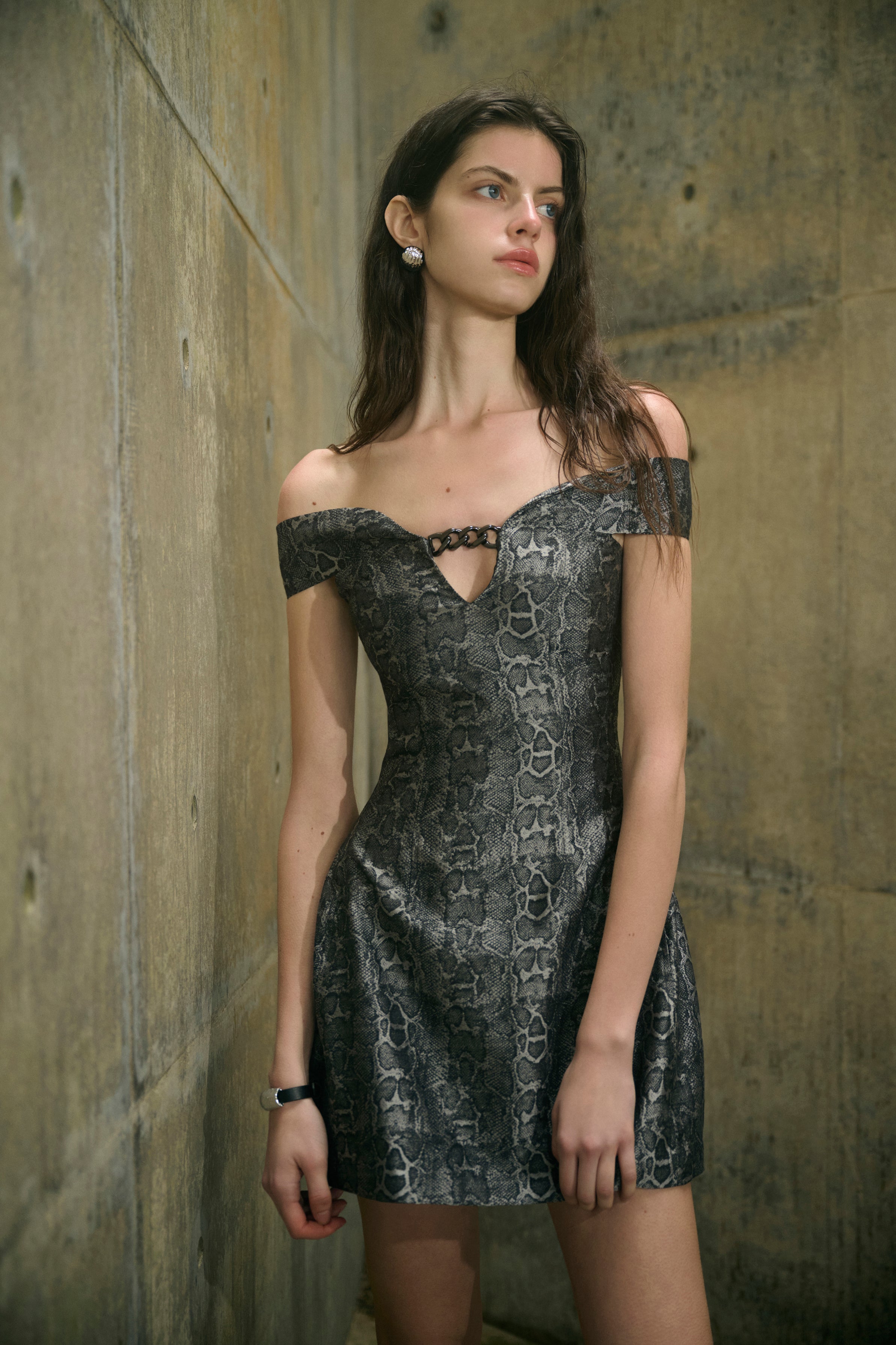 Serpent print off-shoulder dress