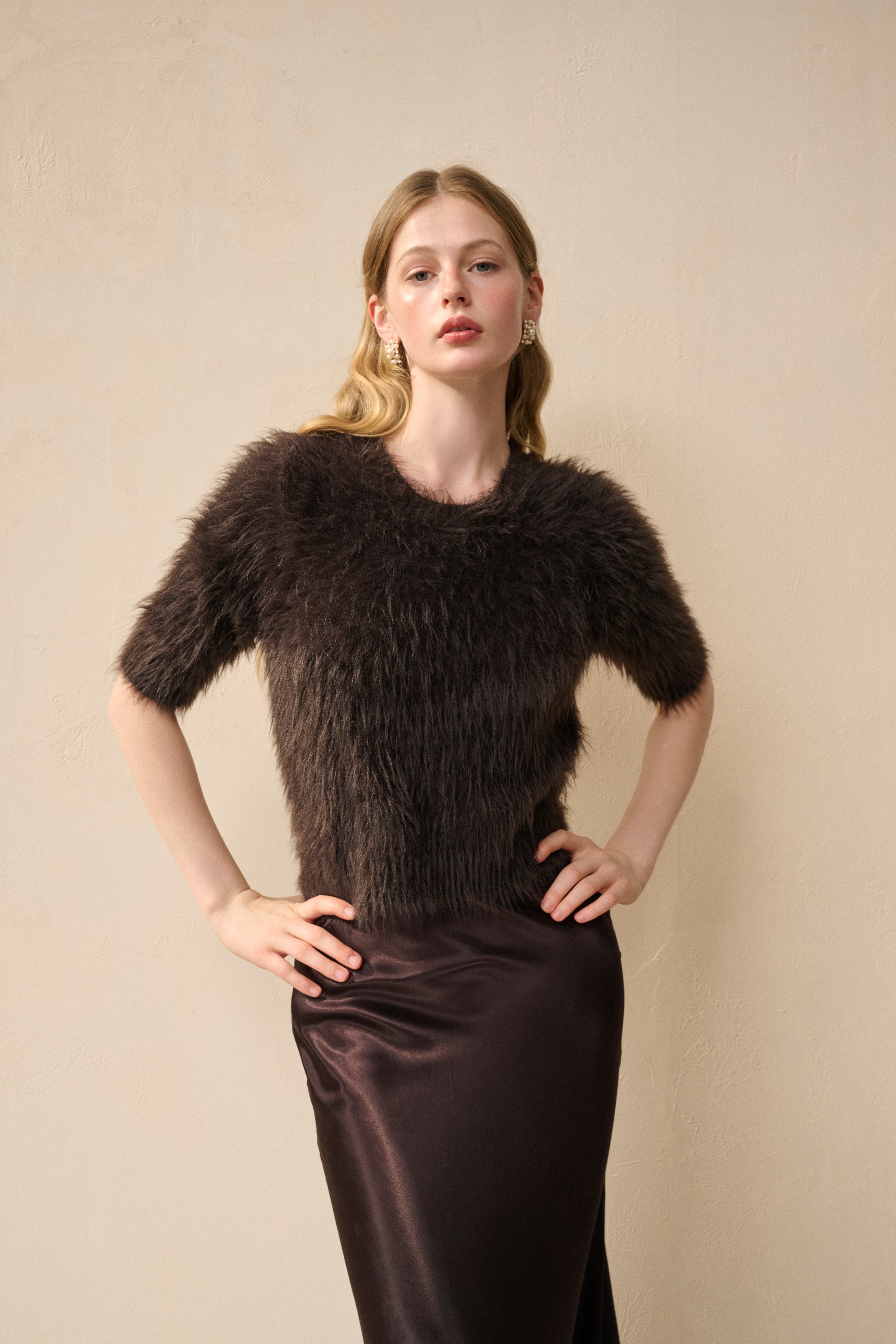 Short-sleeve fuzzy knit sweater