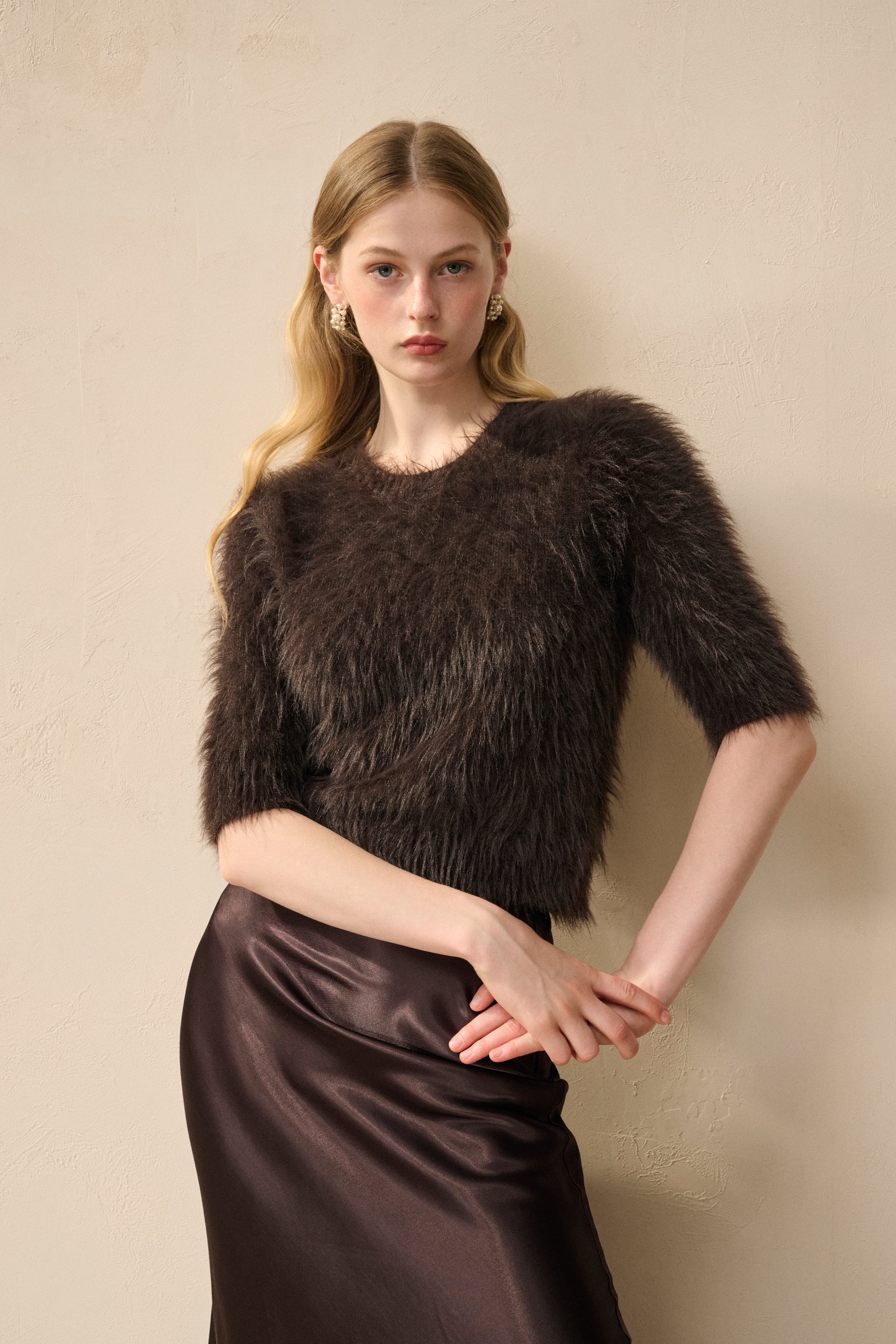 Short-sleeve fuzzy knit sweater