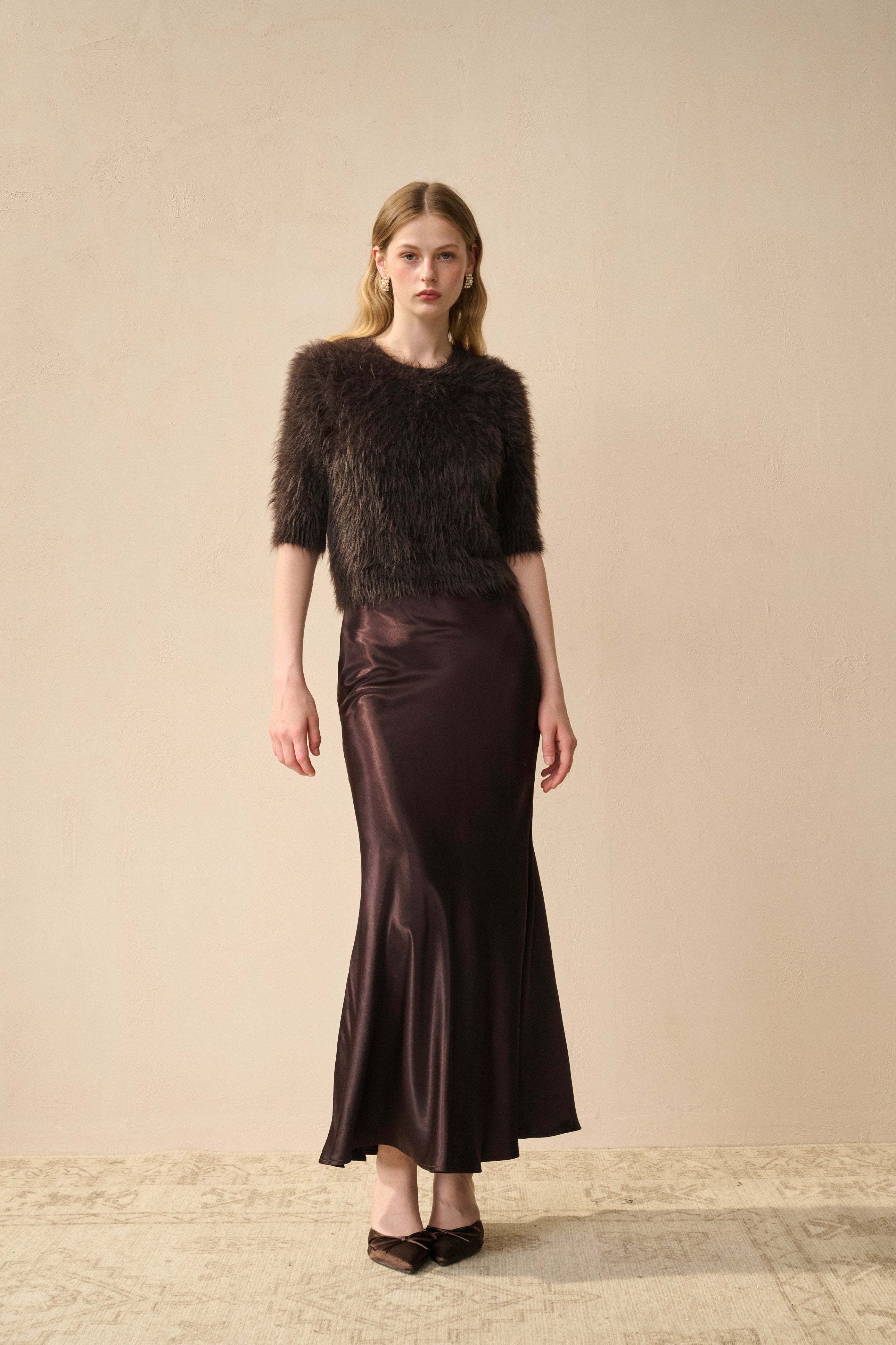 Short-sleeve fuzzy knit sweater