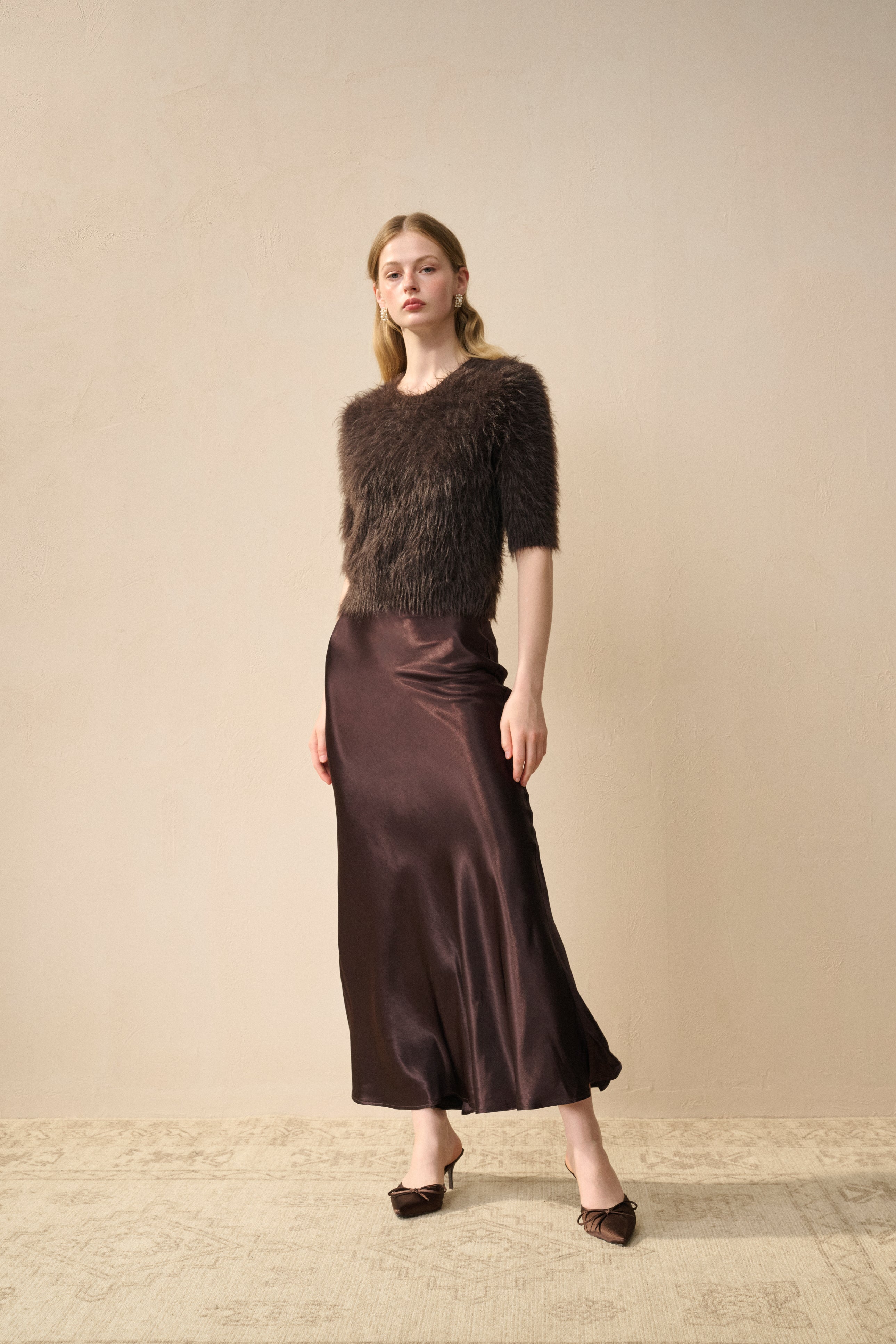 Short-sleeve fuzzy knit sweater