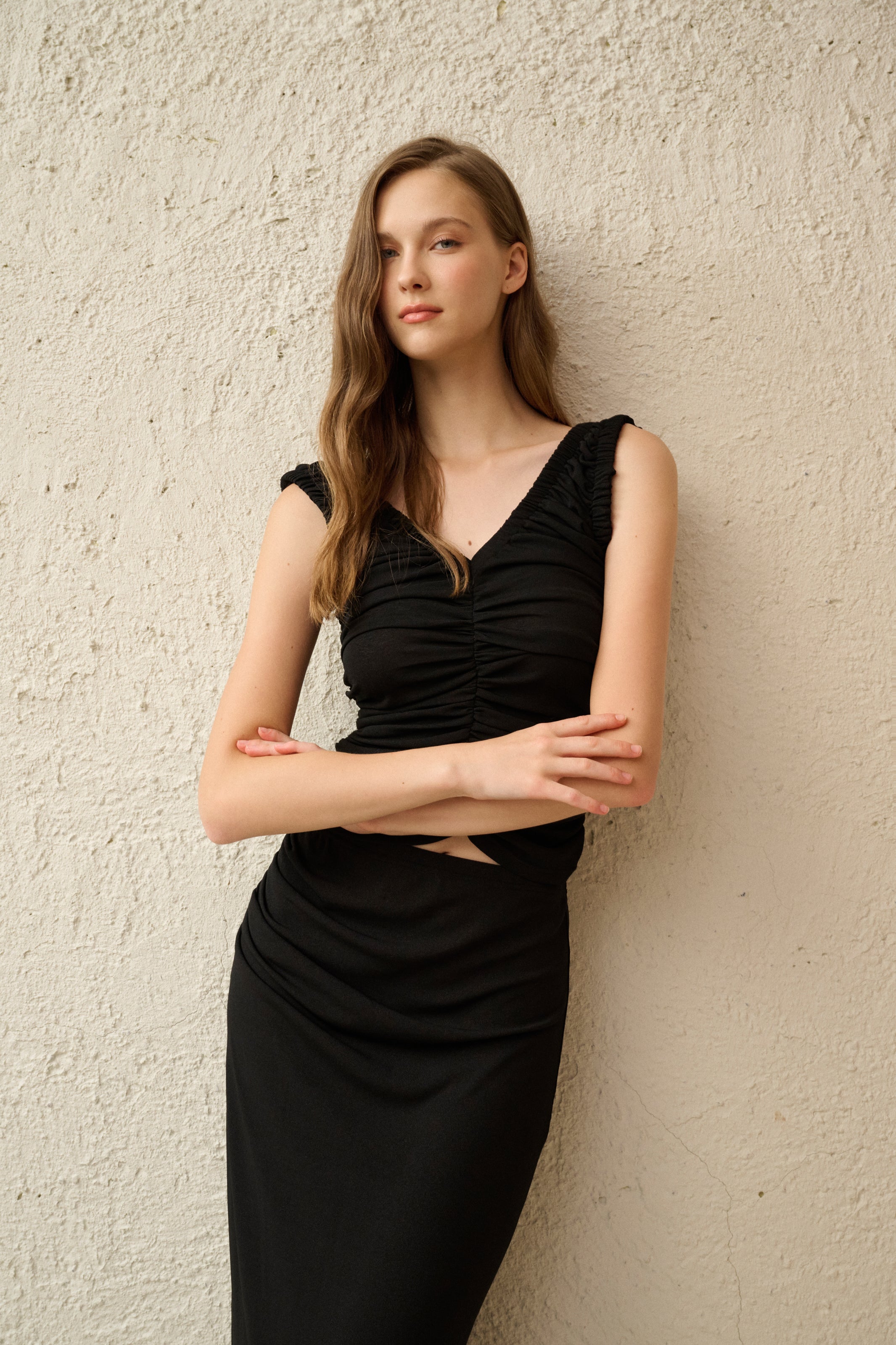 Sleeveless ruched knit set
