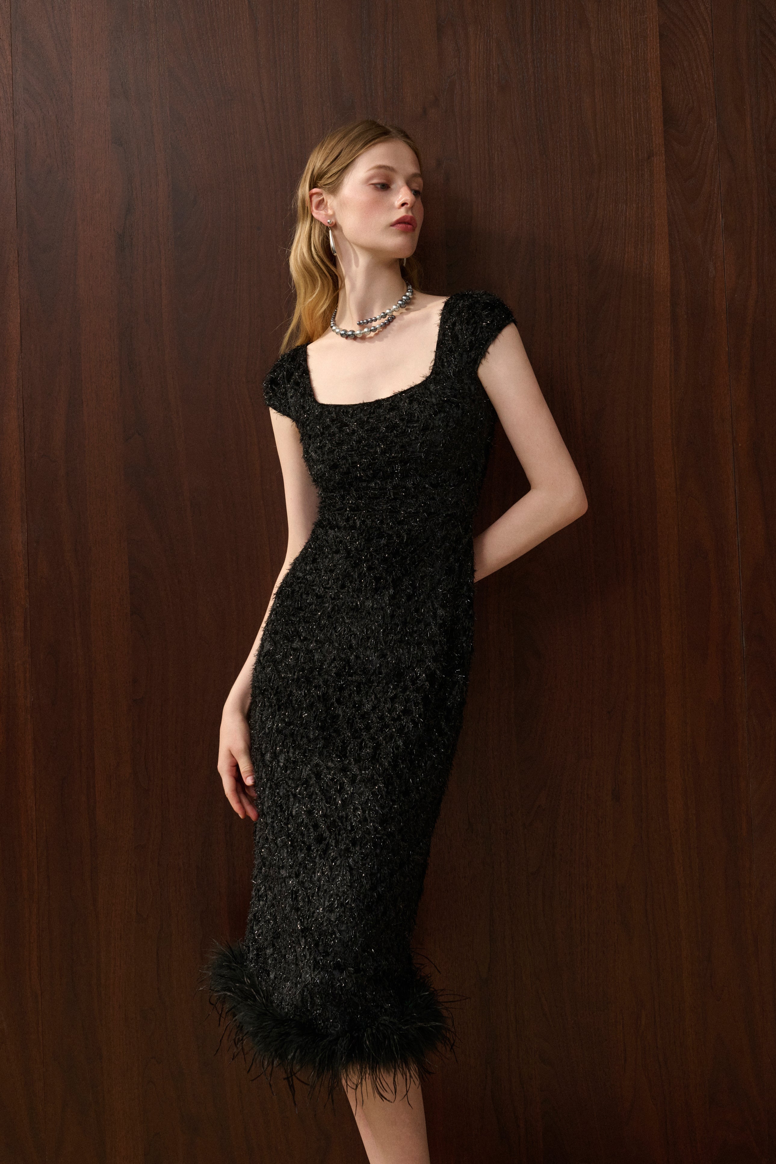 Fringed square neck dress