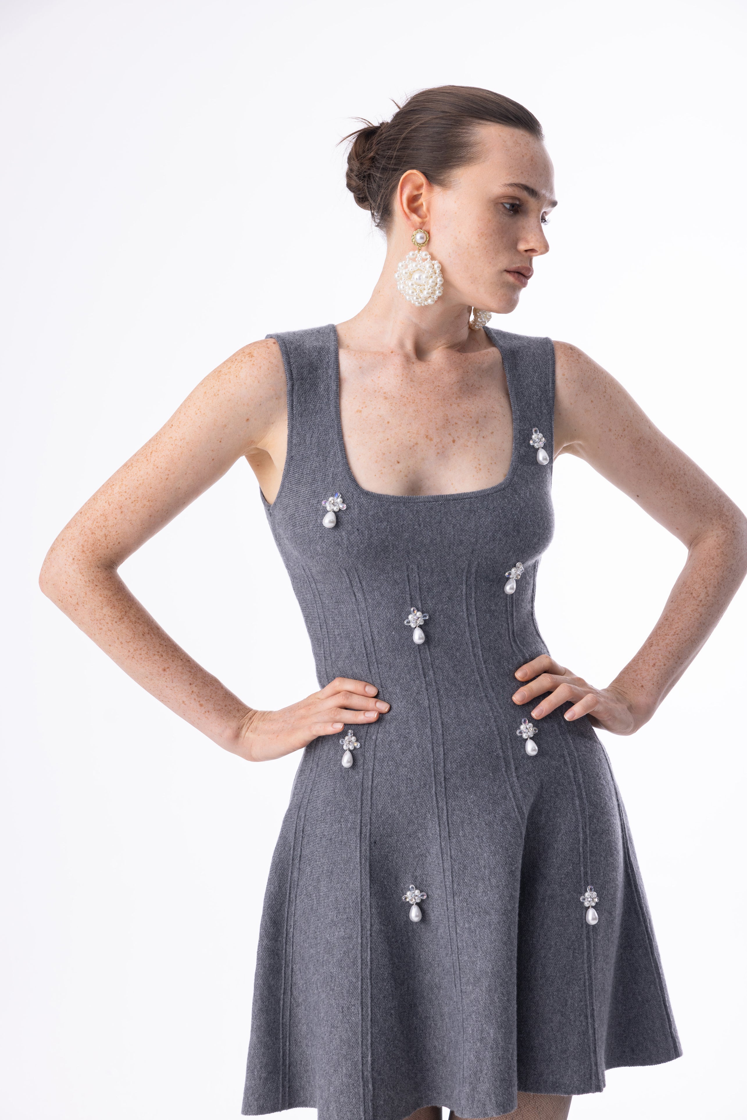 Square neck pearl knit dress