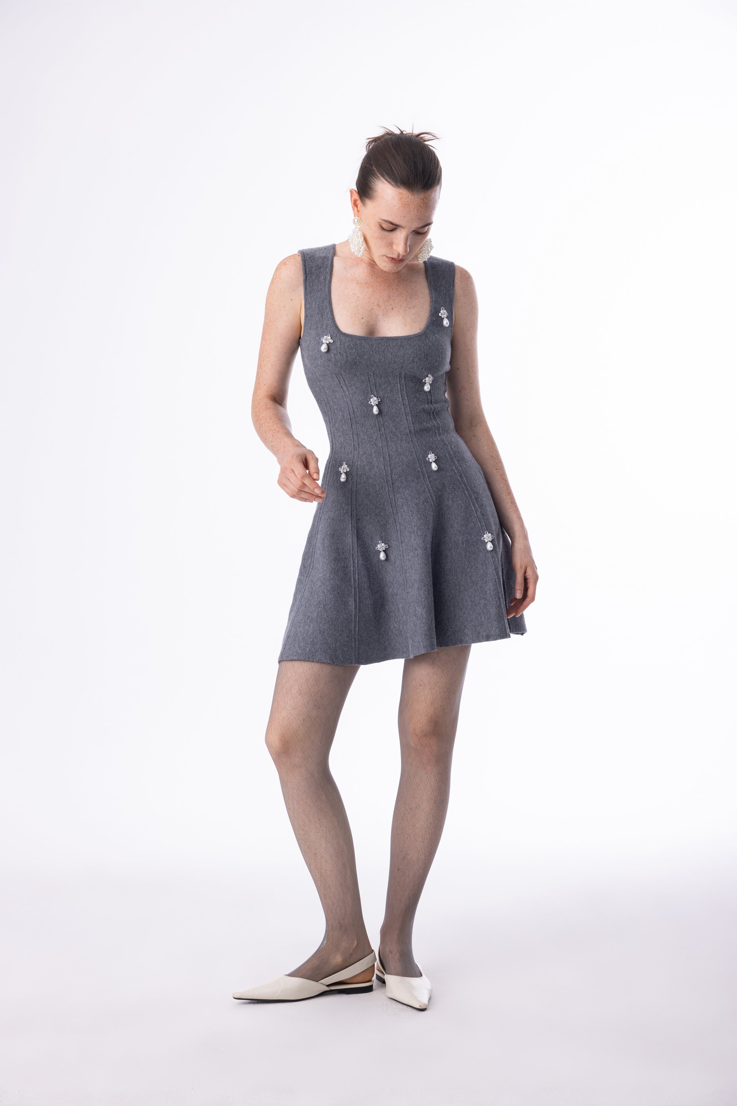 Square neck pearl knit dress