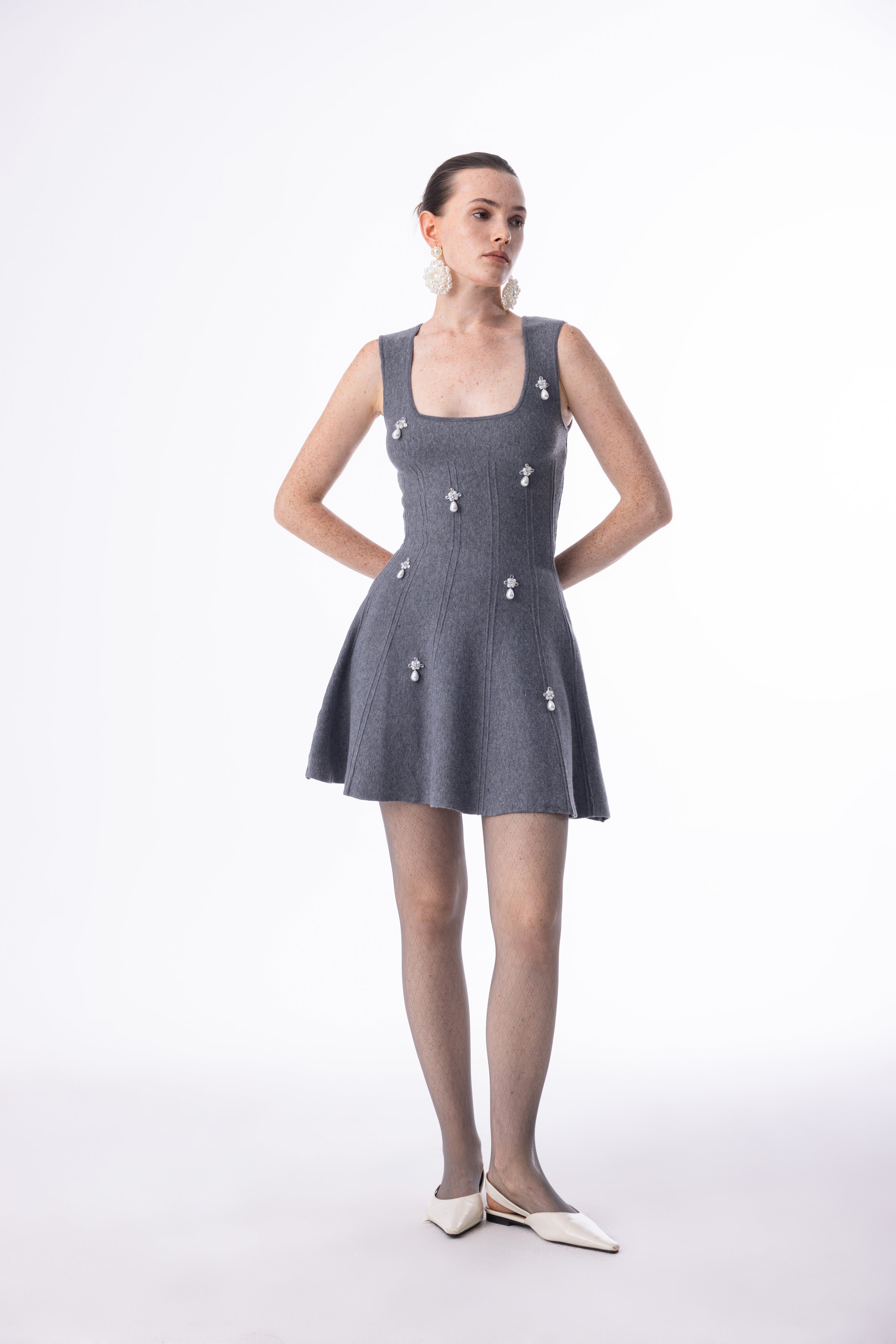 Square neck pearl knit dress