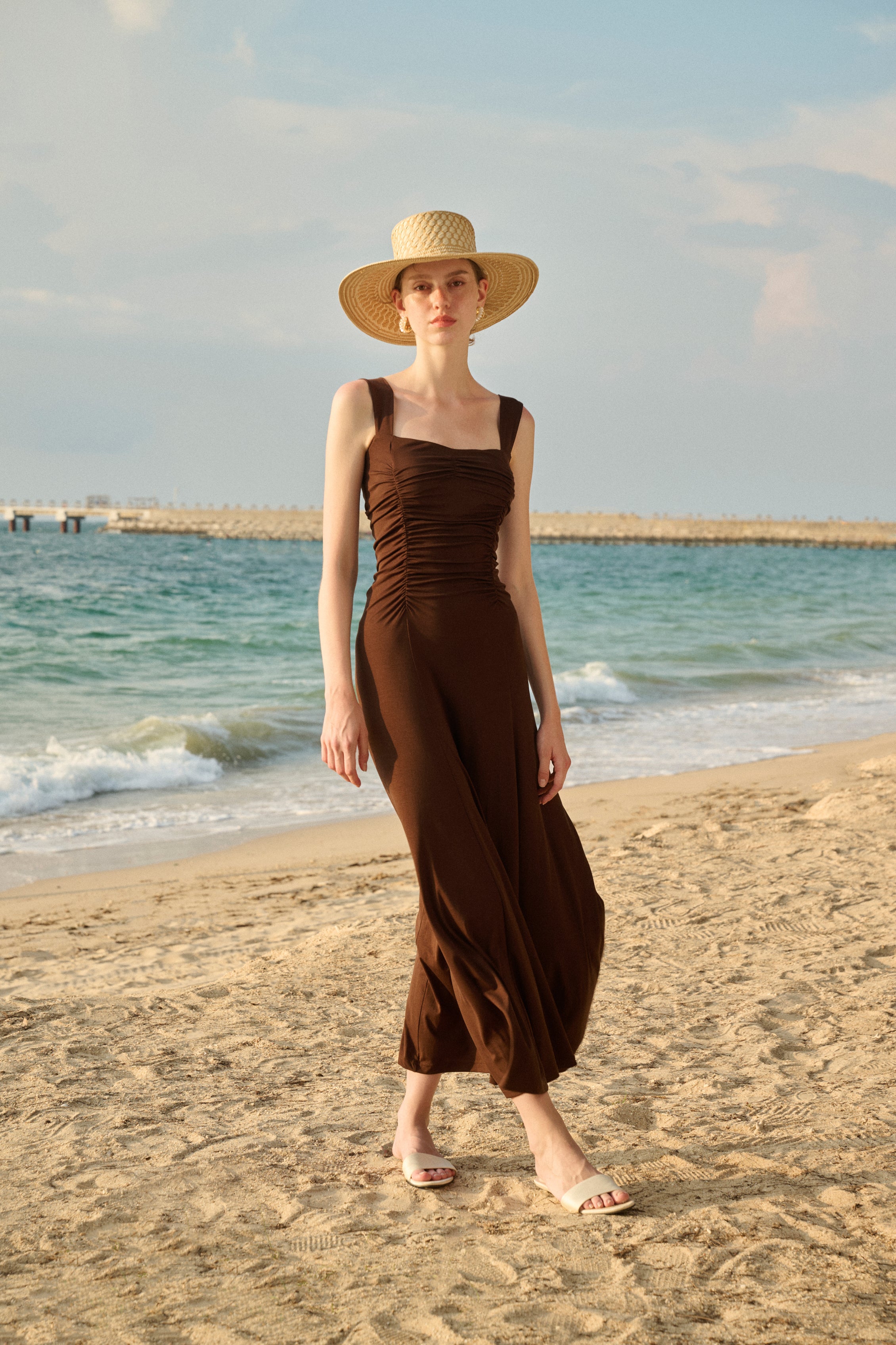 Square neck ruched dress