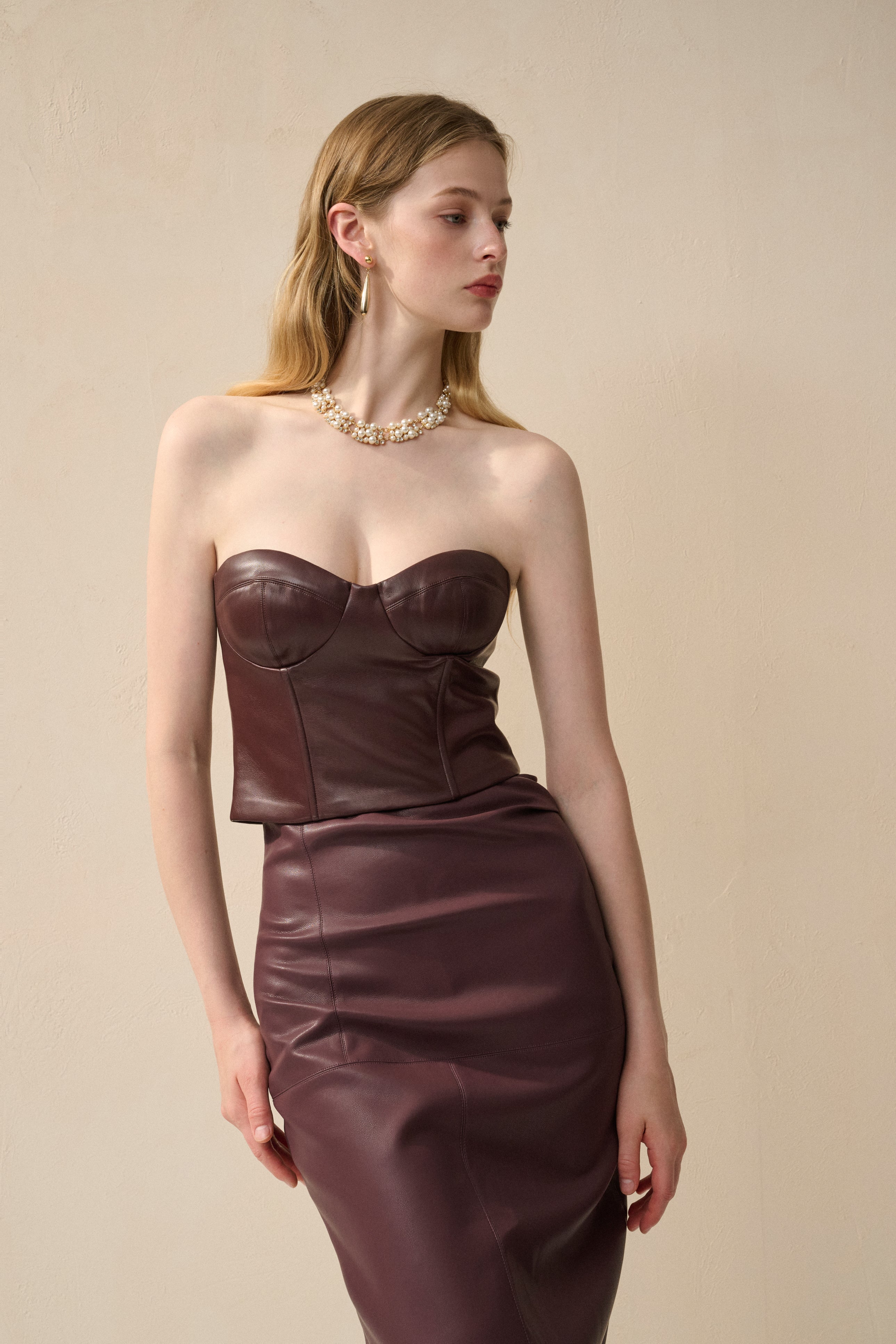 Strapless faux leather top