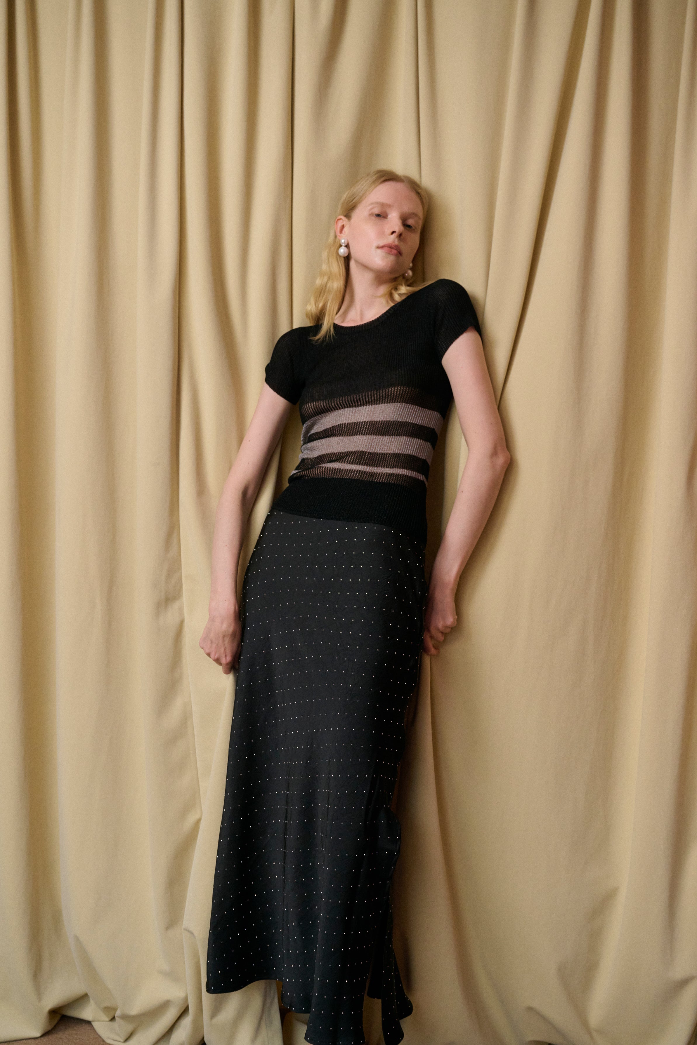 Striped top & rhinestone skirt