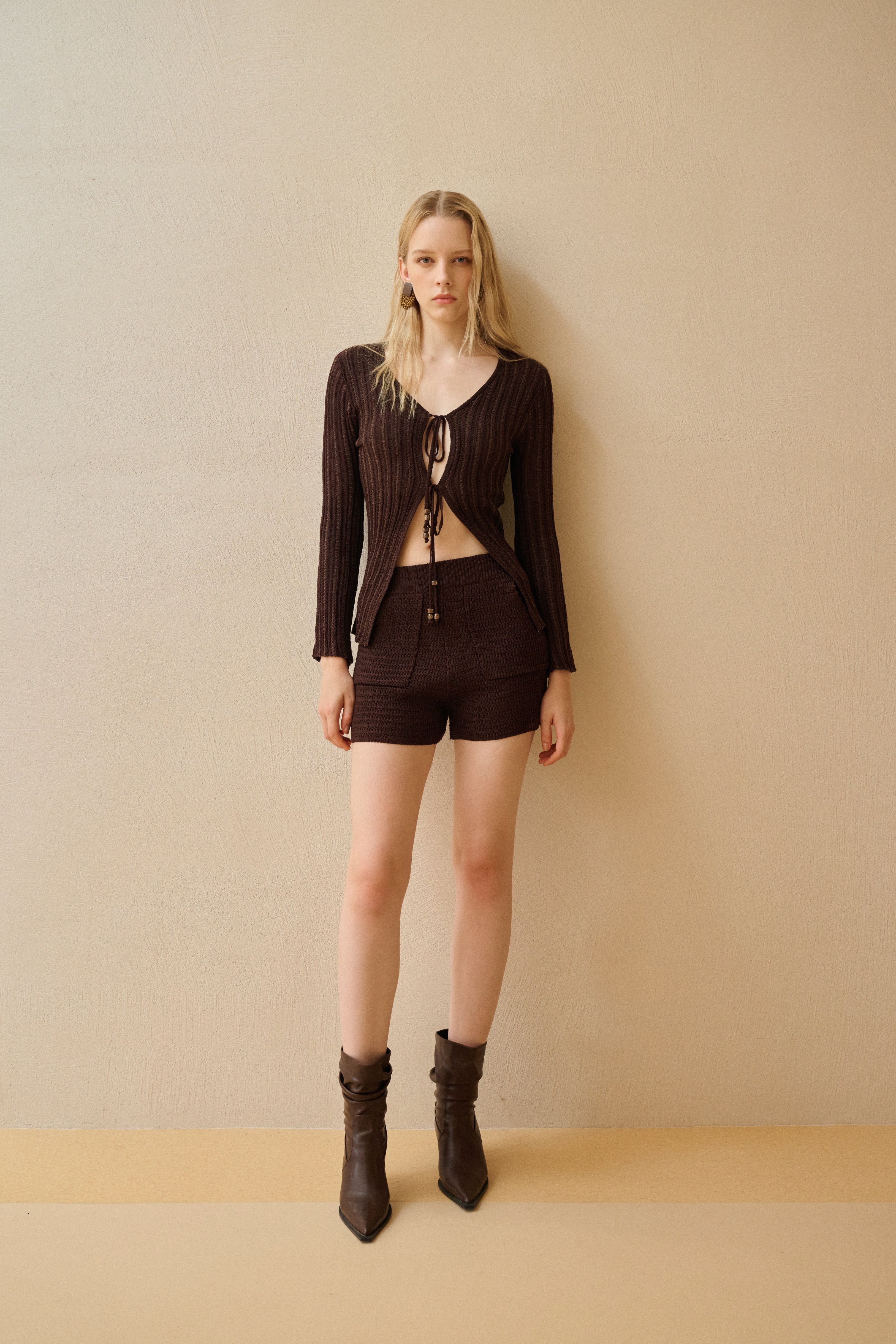 Tie front cardigan & knit shorts
