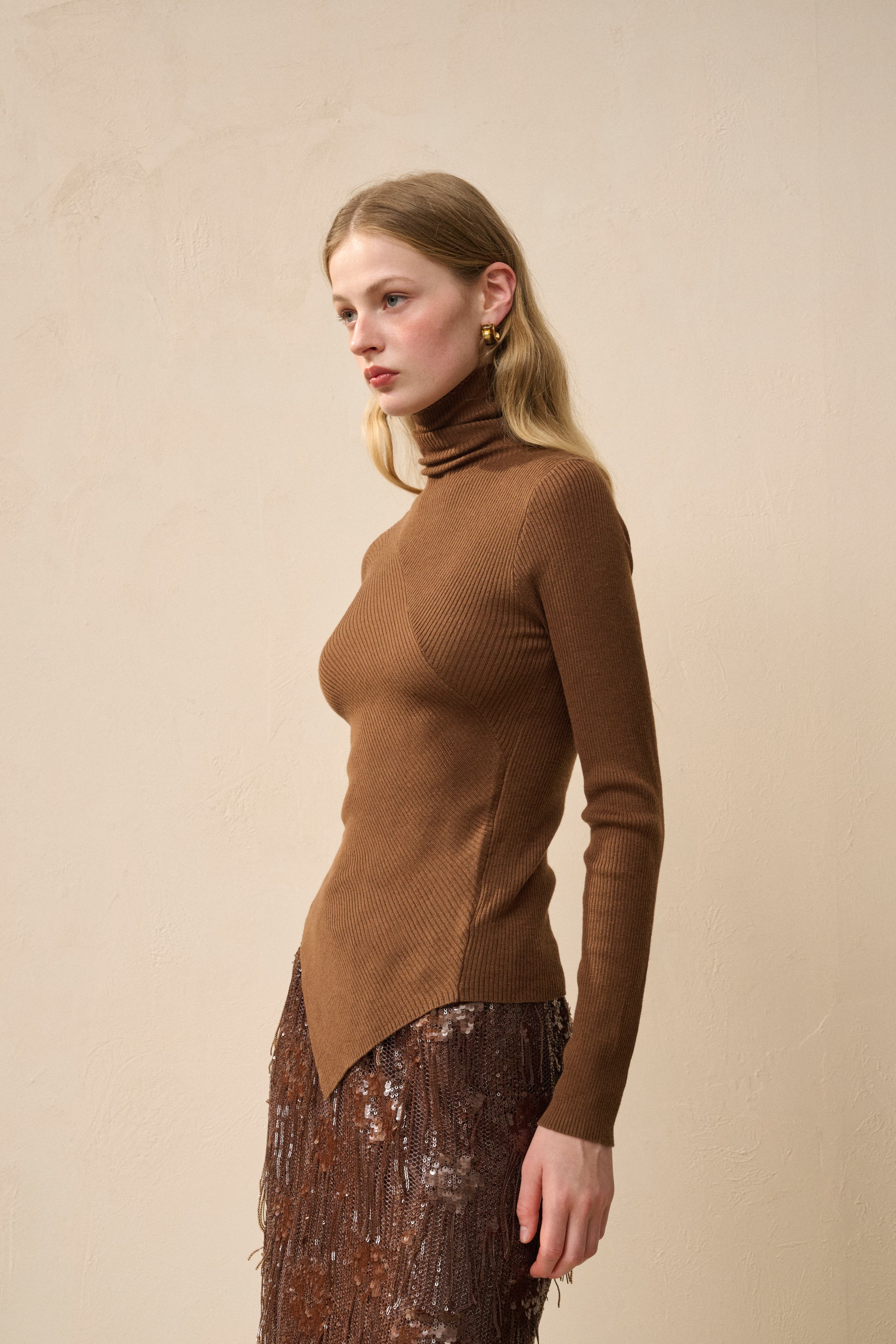 Turtleneck asymmetrical wool sweater