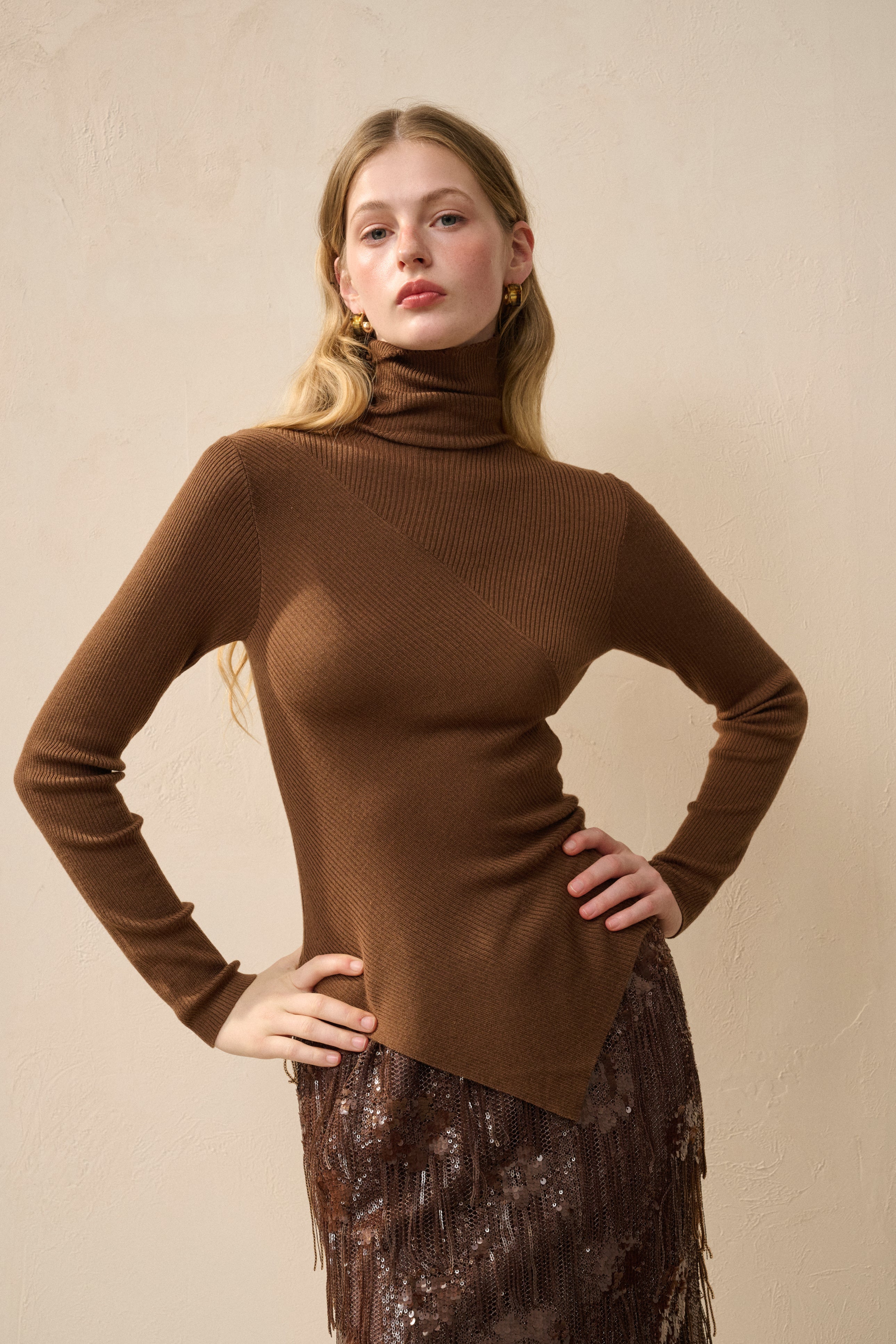 Turtleneck asymmetrical wool sweater