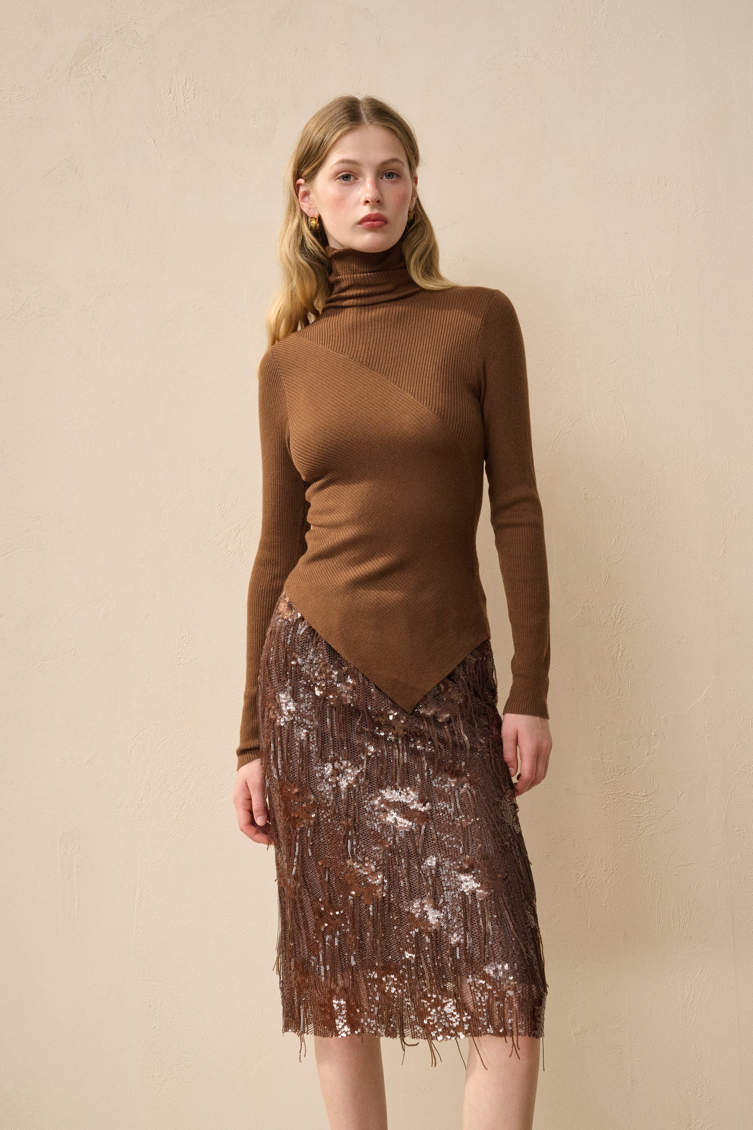 Turtleneck asymmetrical wool sweater