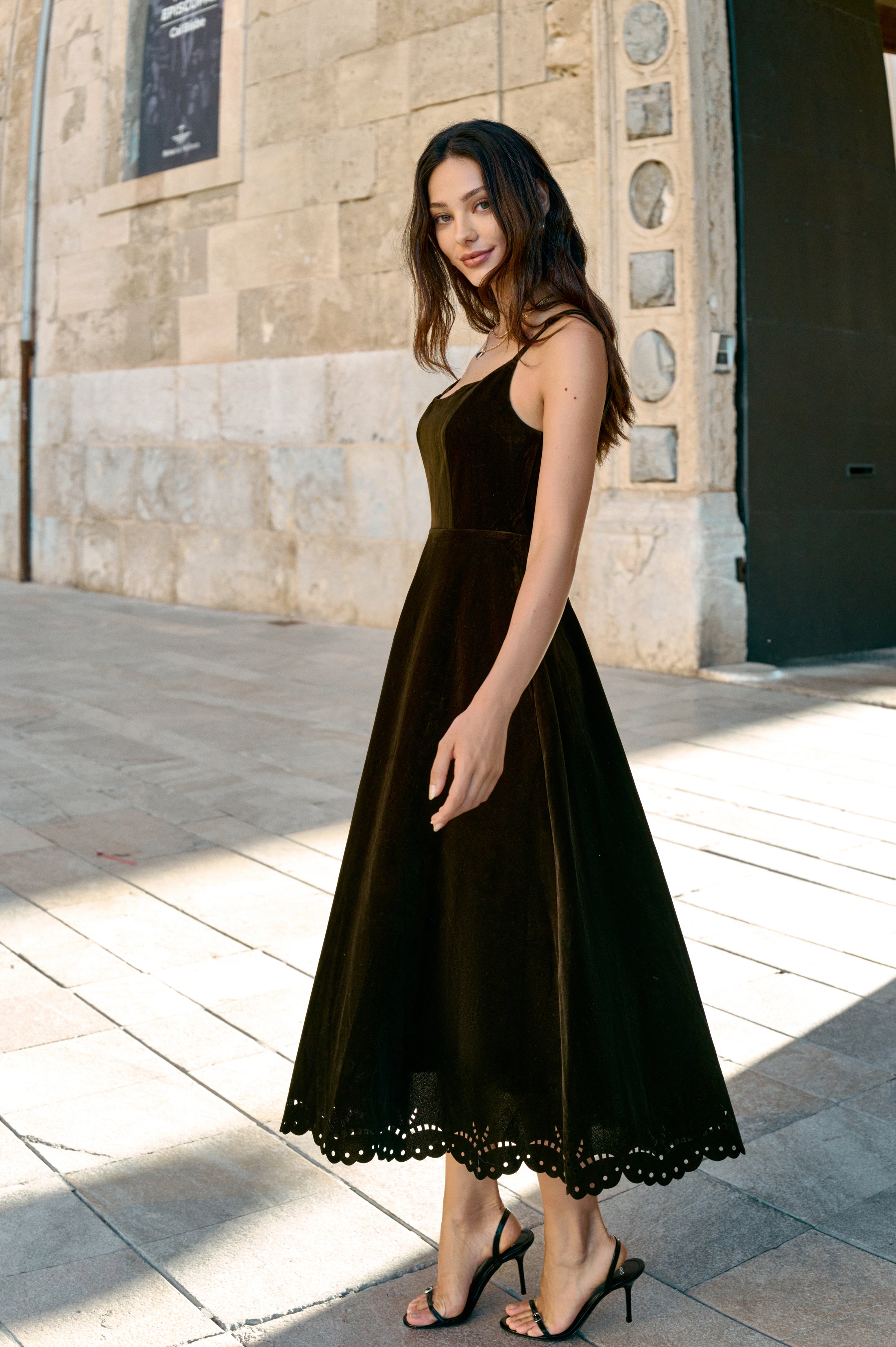 Velvet embroidered eyelet dress