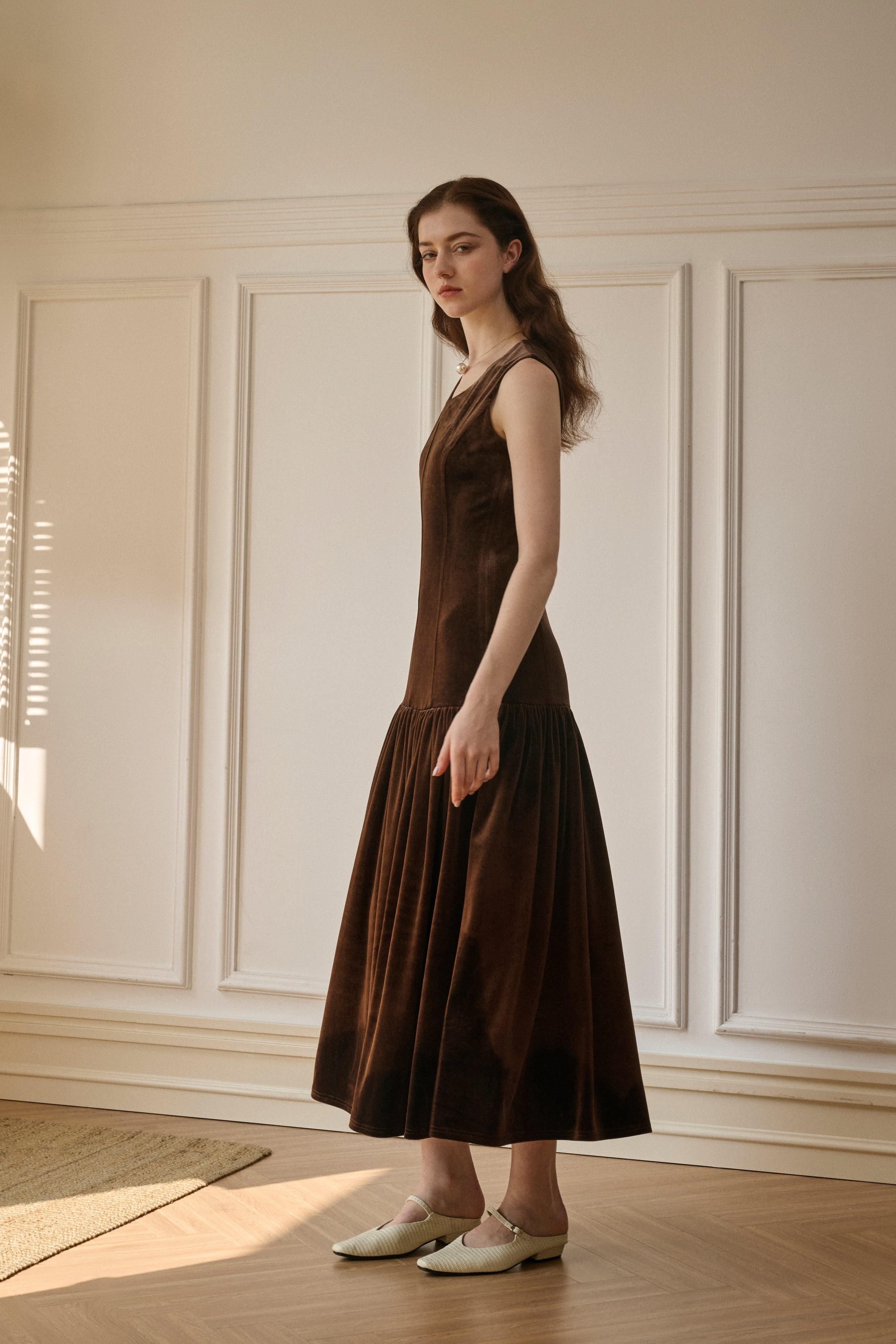 Velvet drop waist maxi dress