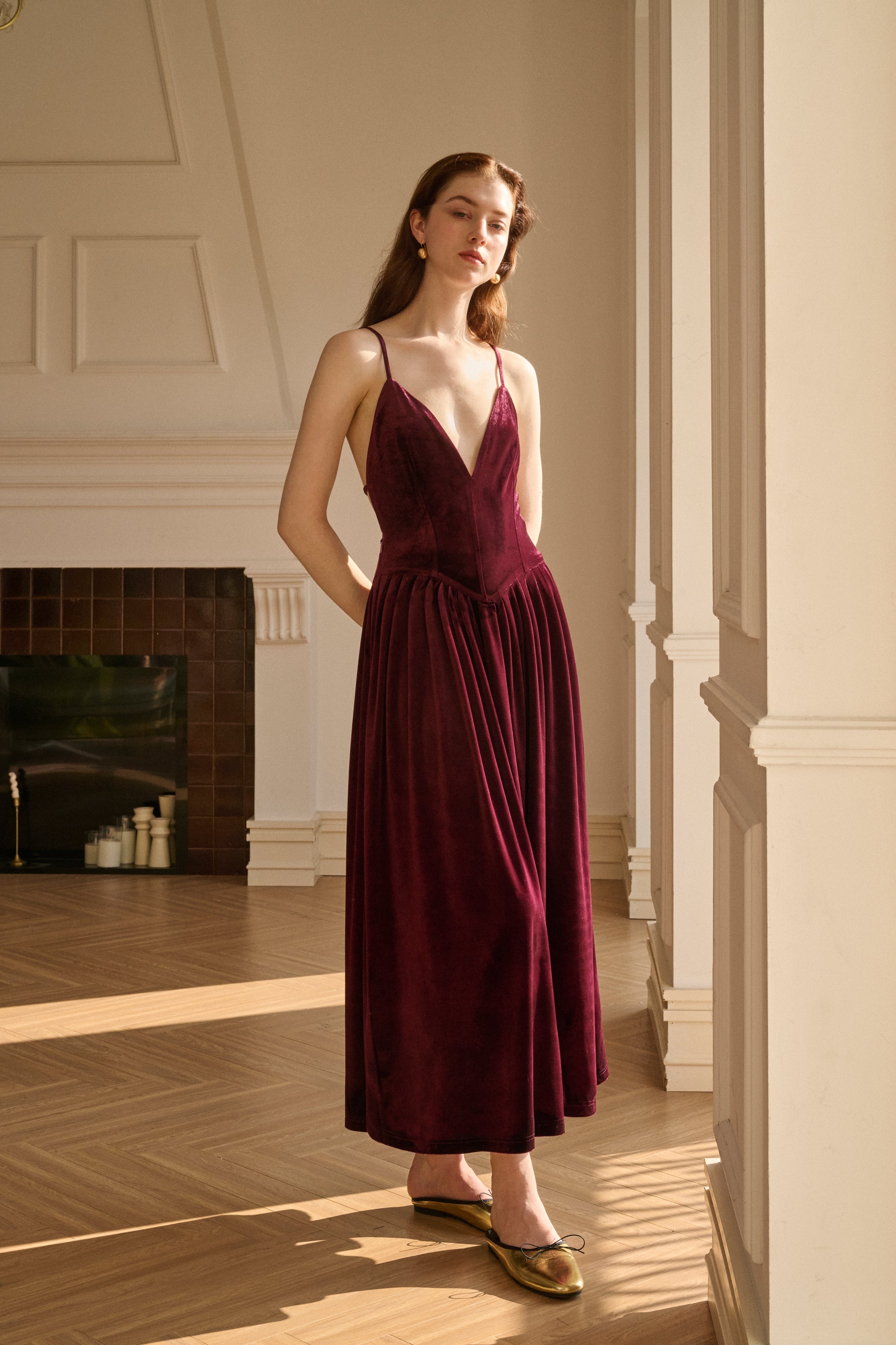 Velvet open back maxi dress