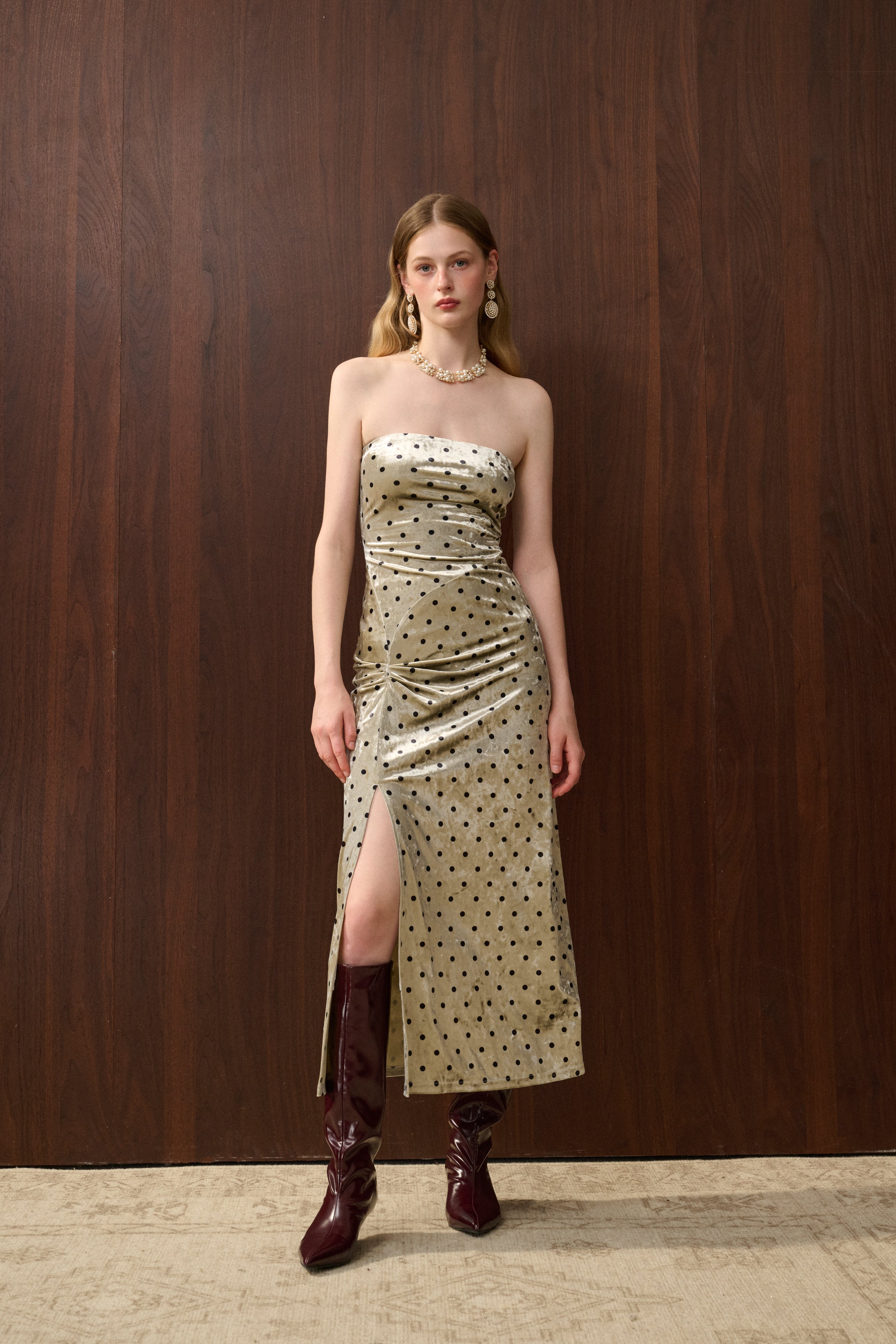 Velvet polka dot strapless dress