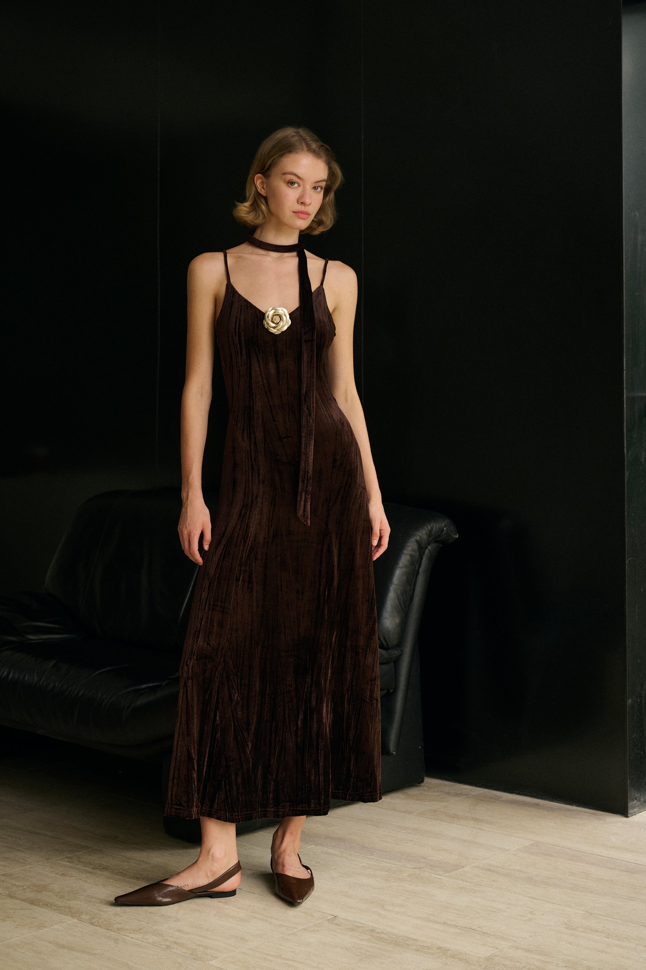 Velvet spaghetti strap maxi dress