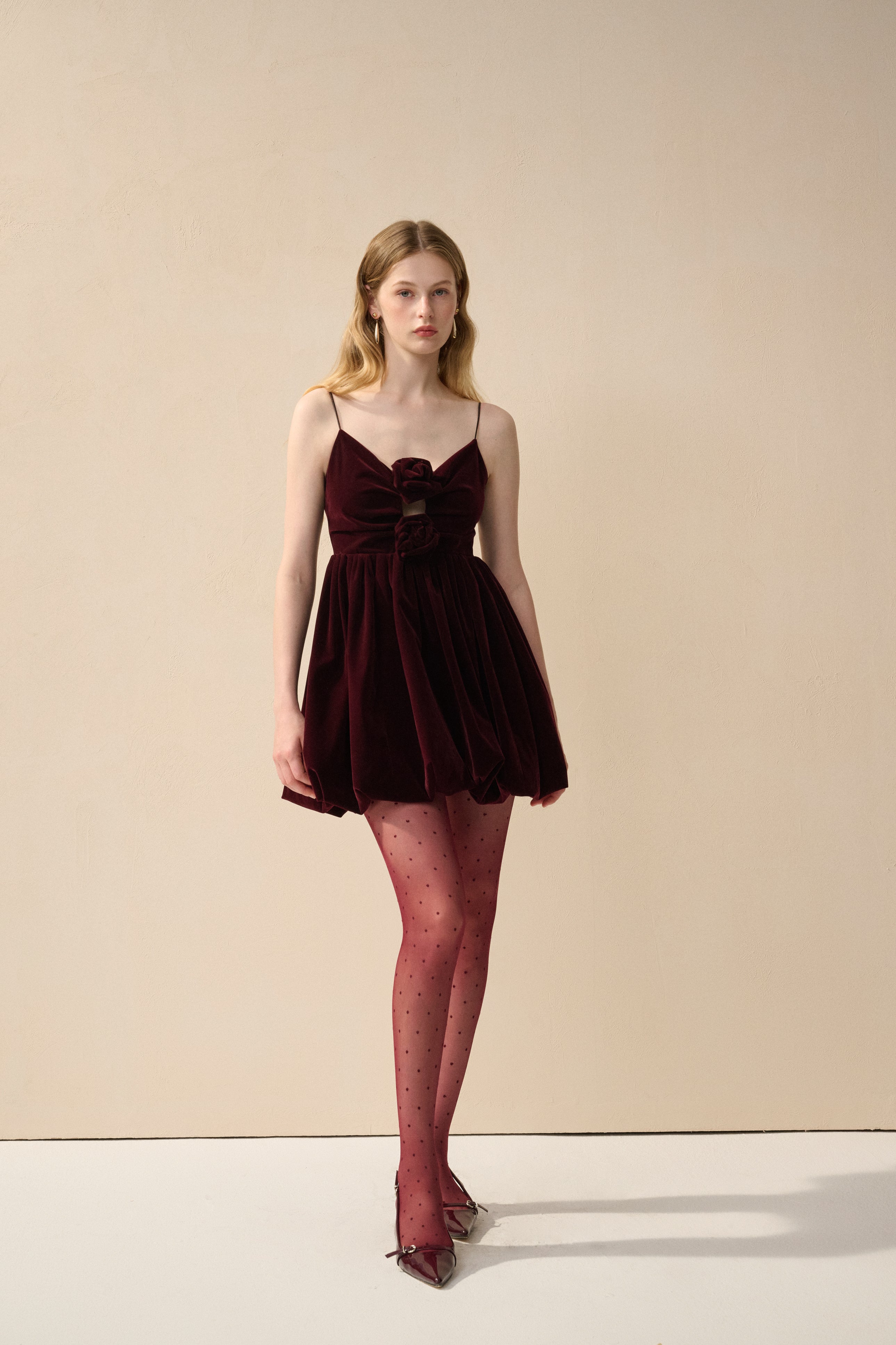 Velvet spaghetti strap rosette dress
