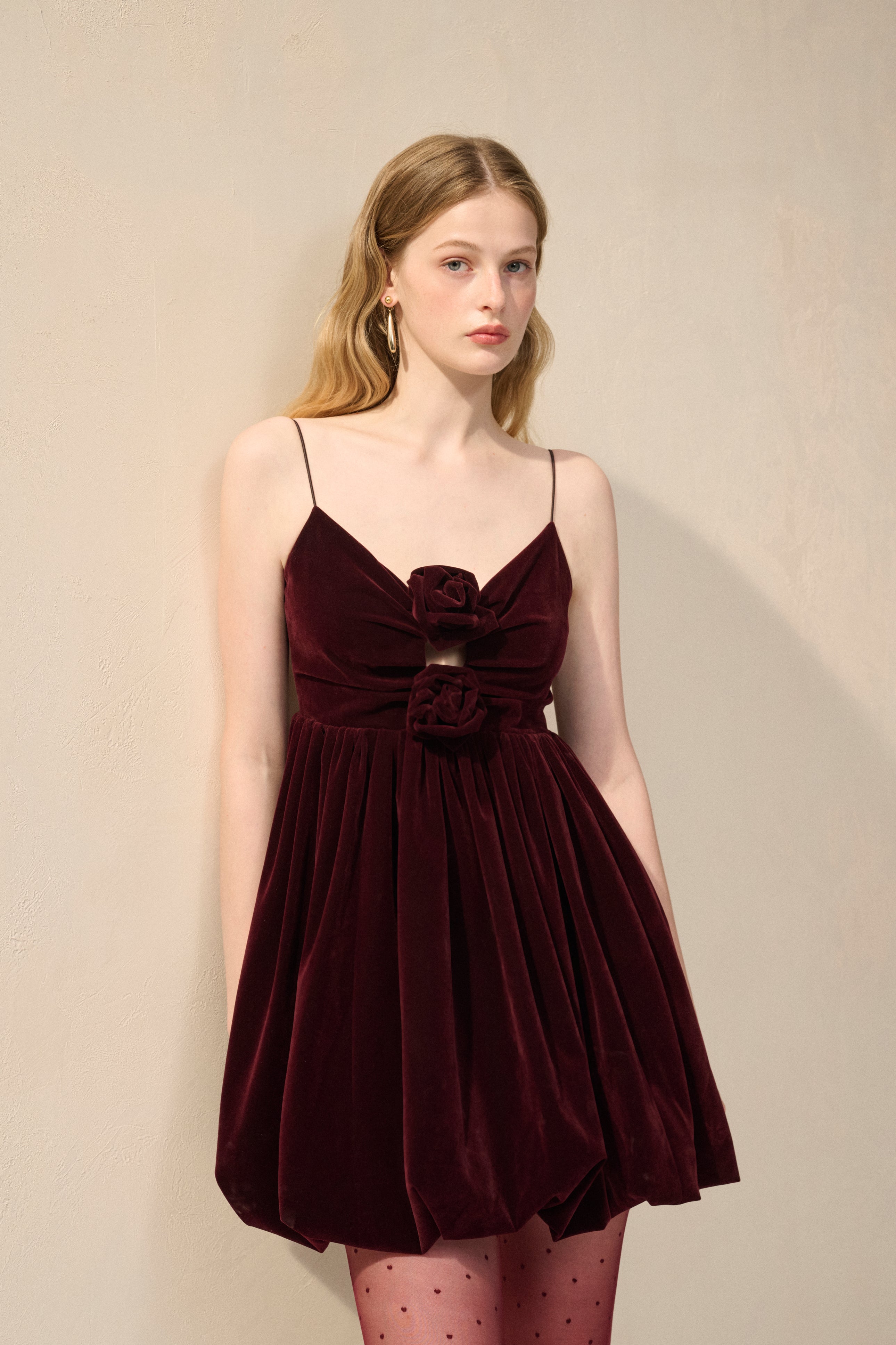 Velvet spaghetti strap rosette dress