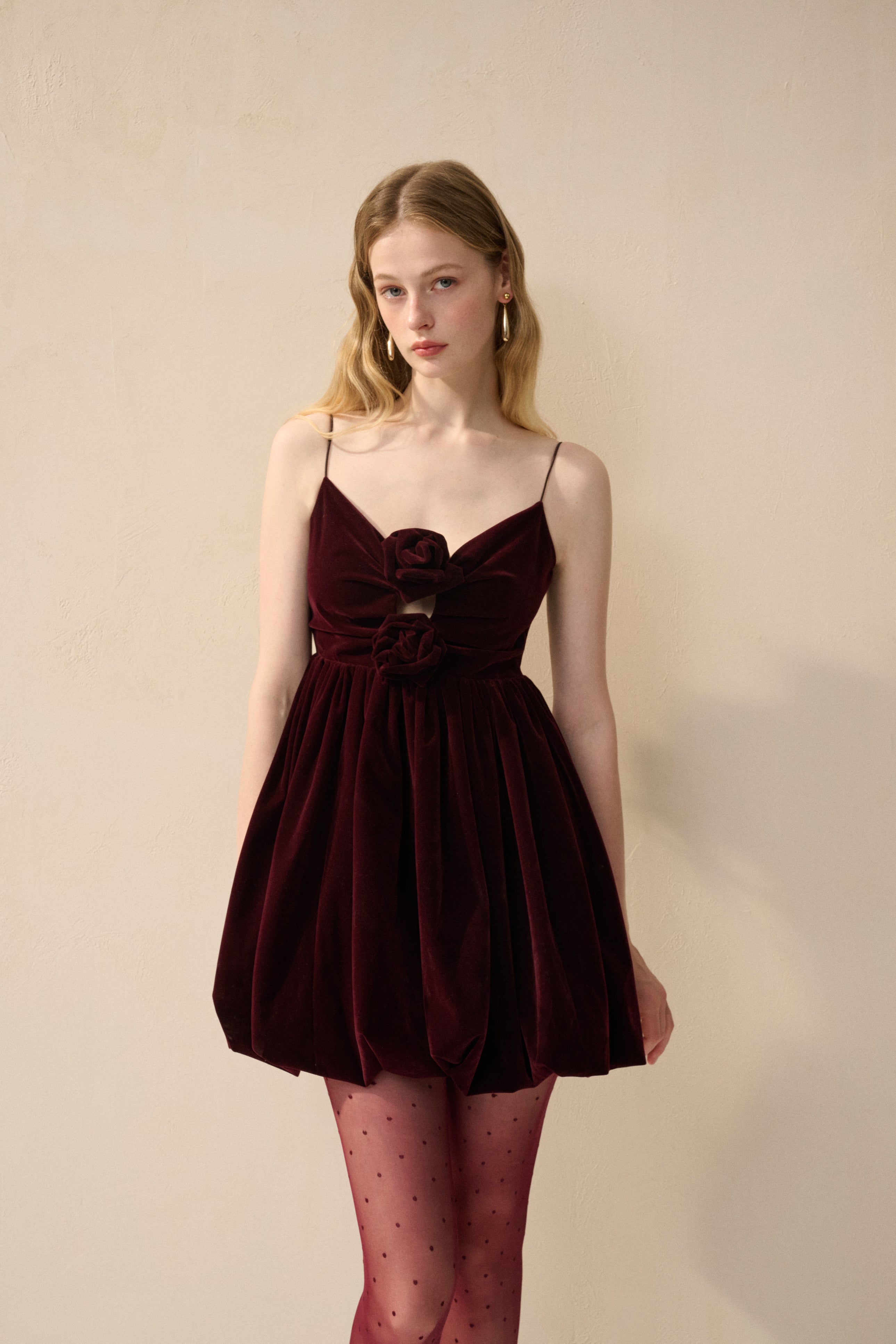 Velvet spaghetti strap rosette dress