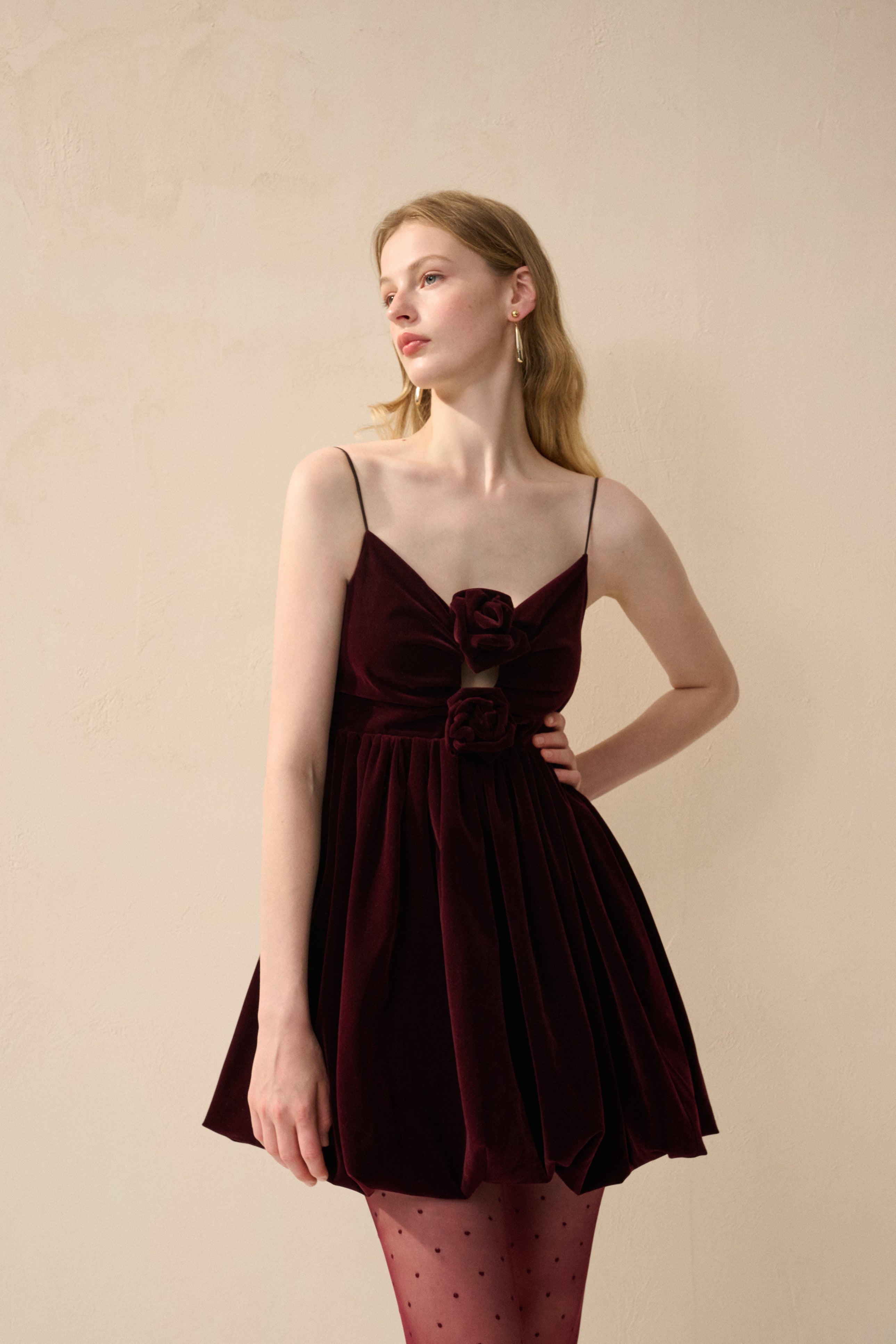 Velvet spaghetti strap rosette dress