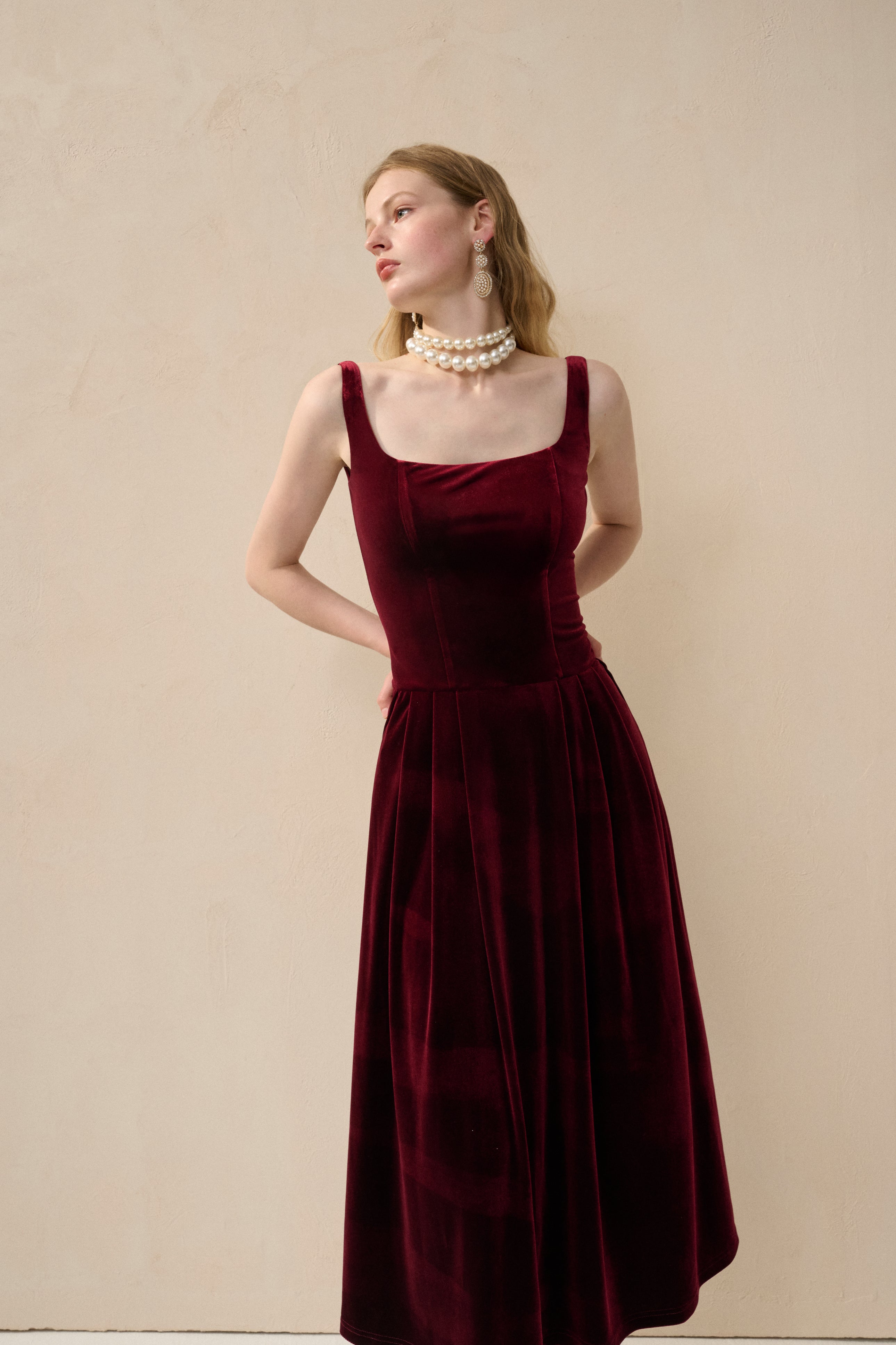 Velvet square neck midi dress