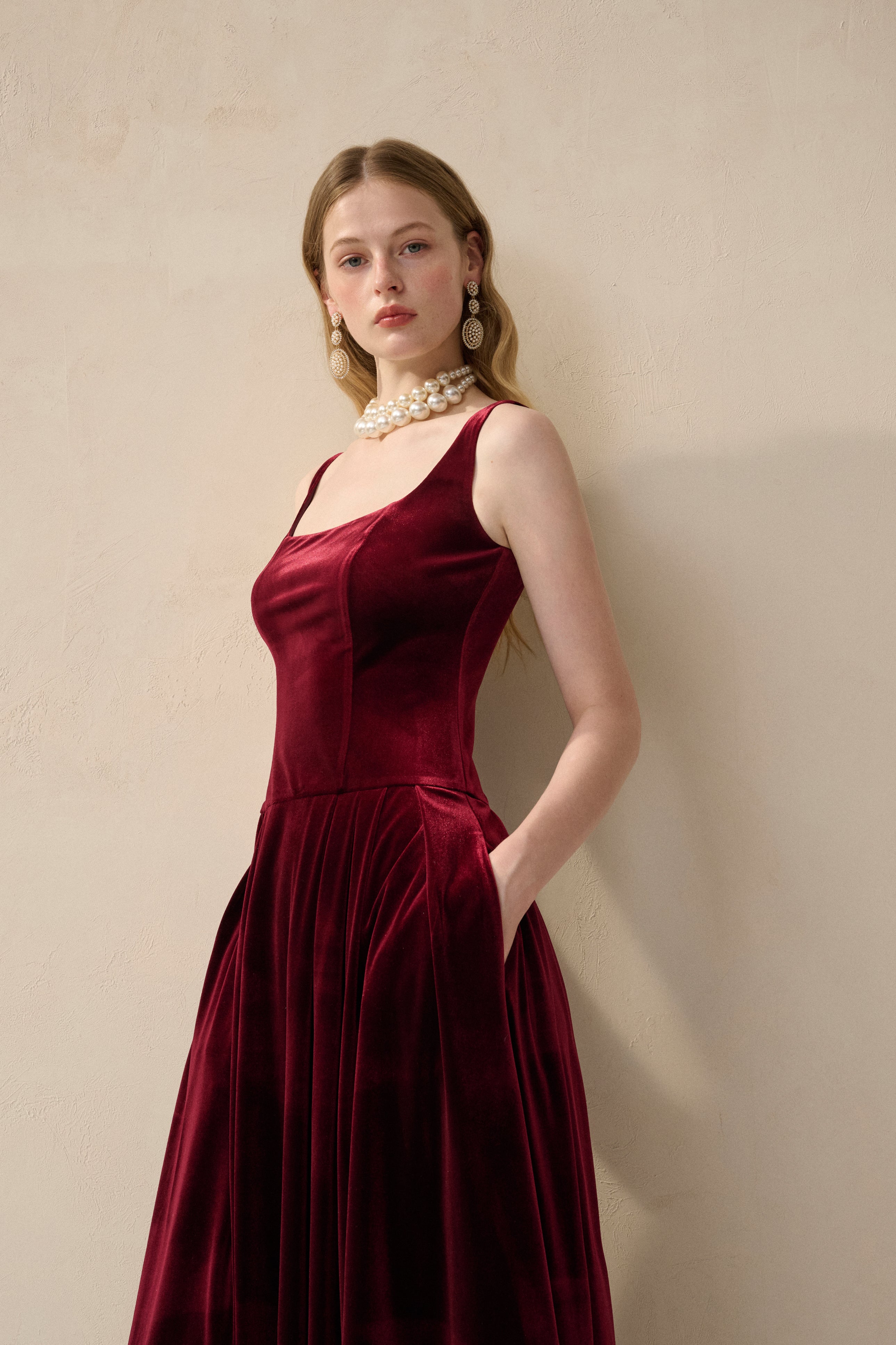 Velvet square neck midi dress