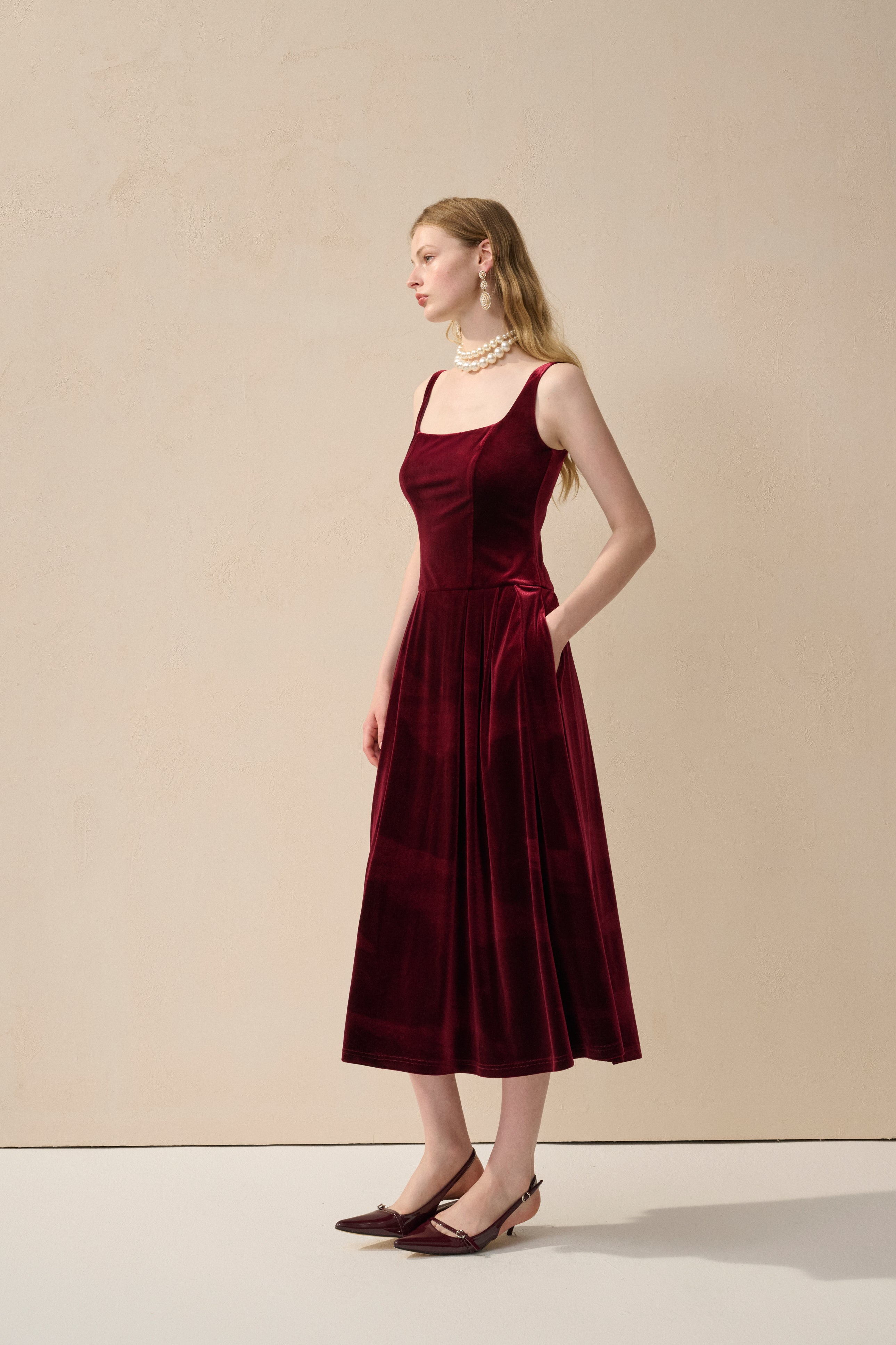 Velvet square neck midi dress