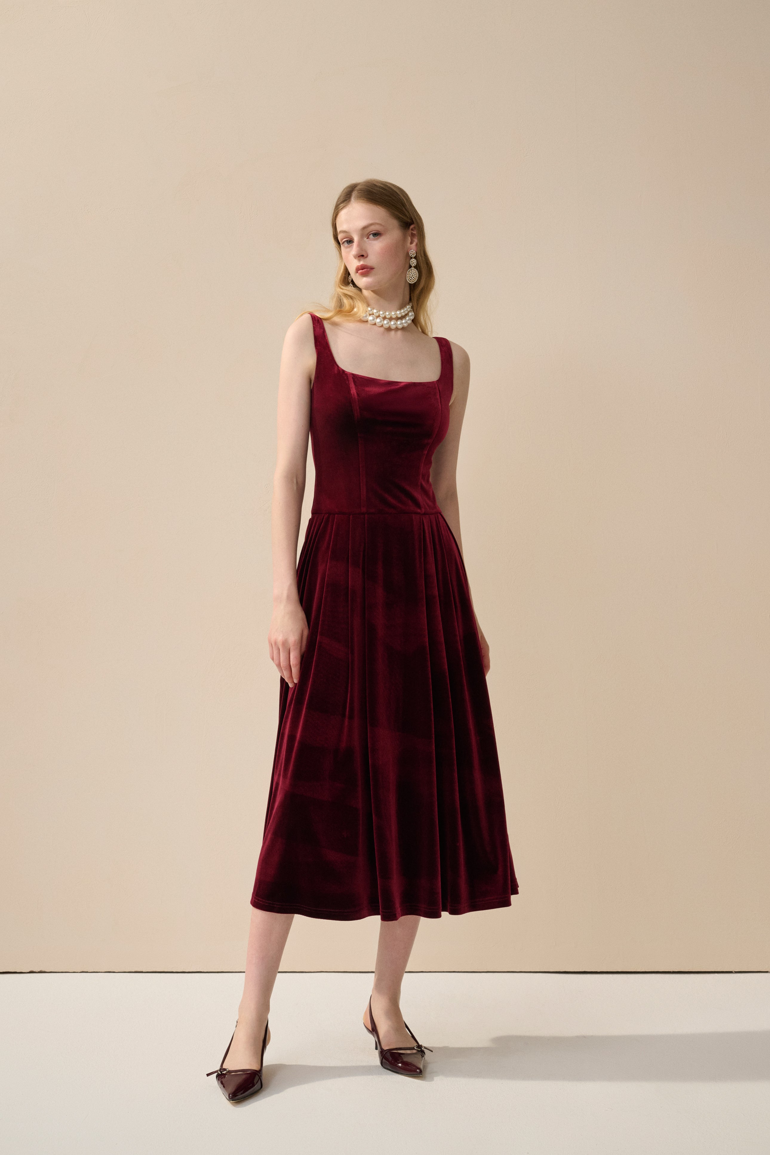 Velvet square neck midi dress